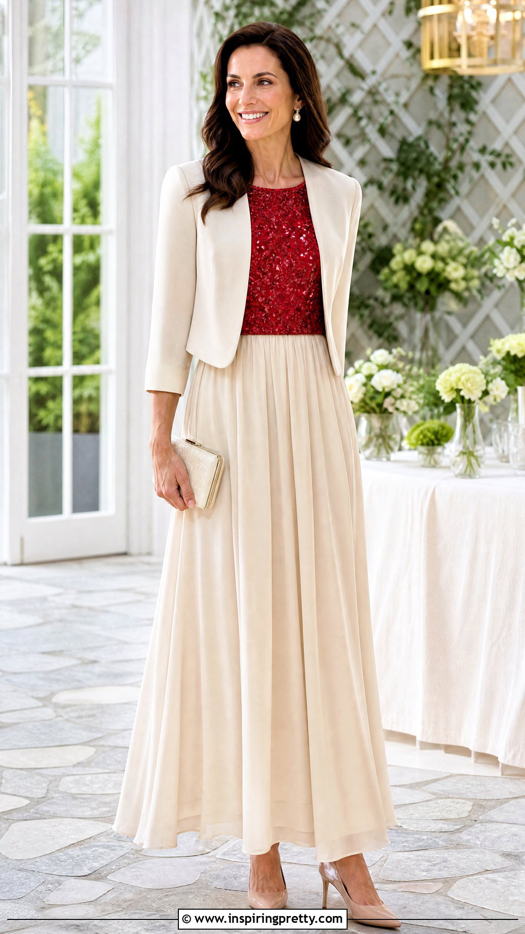 Red Sequin Top With Cream Maxi Skirt - what to wear with red sequin top (25 ways)