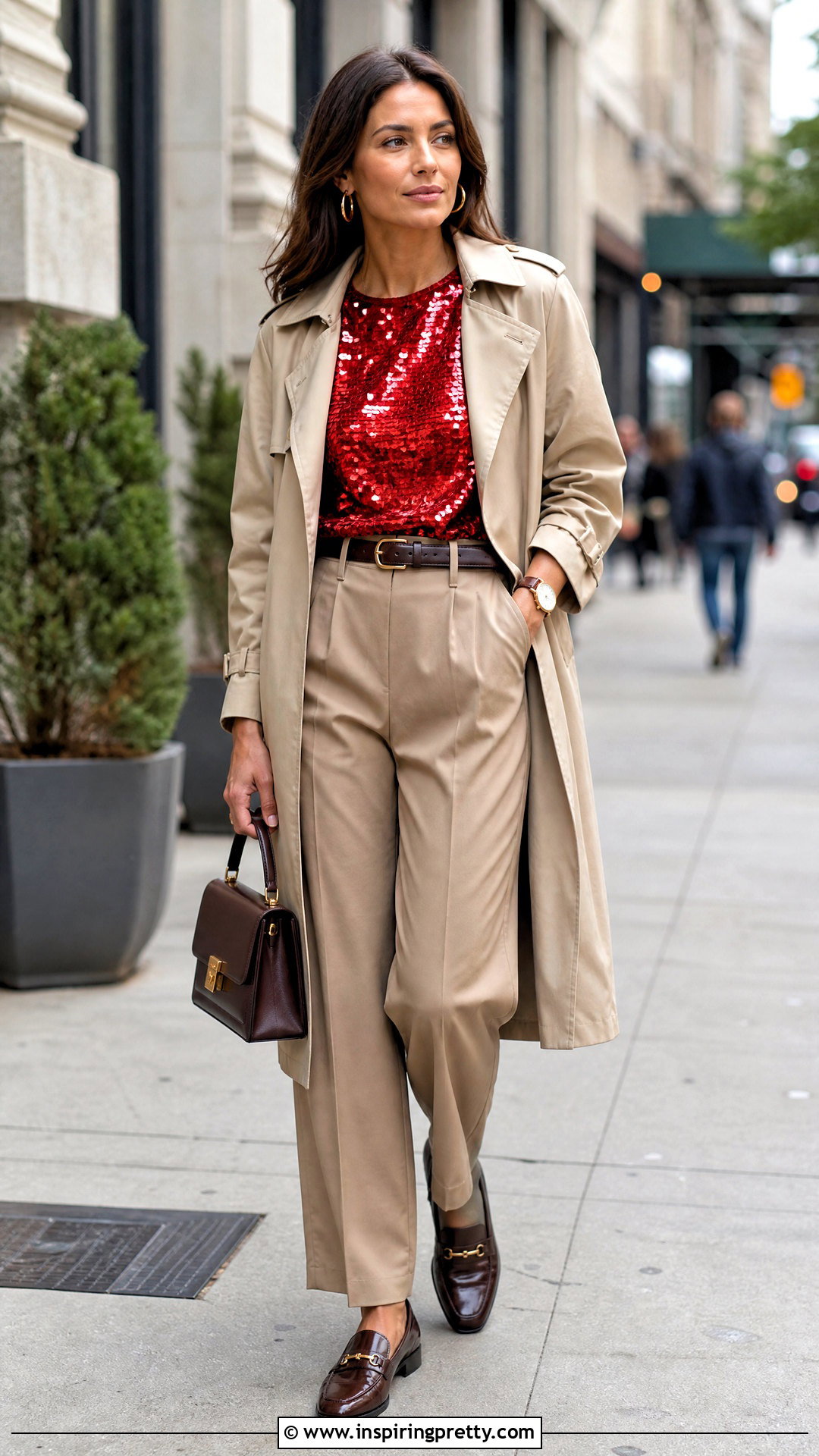 Red Sequin Top With Khaki Trousers And Loafers - what to wear with red sequin top (25 ways)