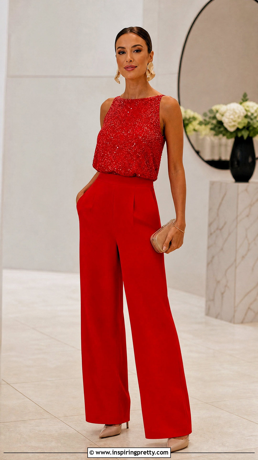 Red Sequin Top With Red Wide Leg Trousers - what to wear with red sequin top (25 ways)