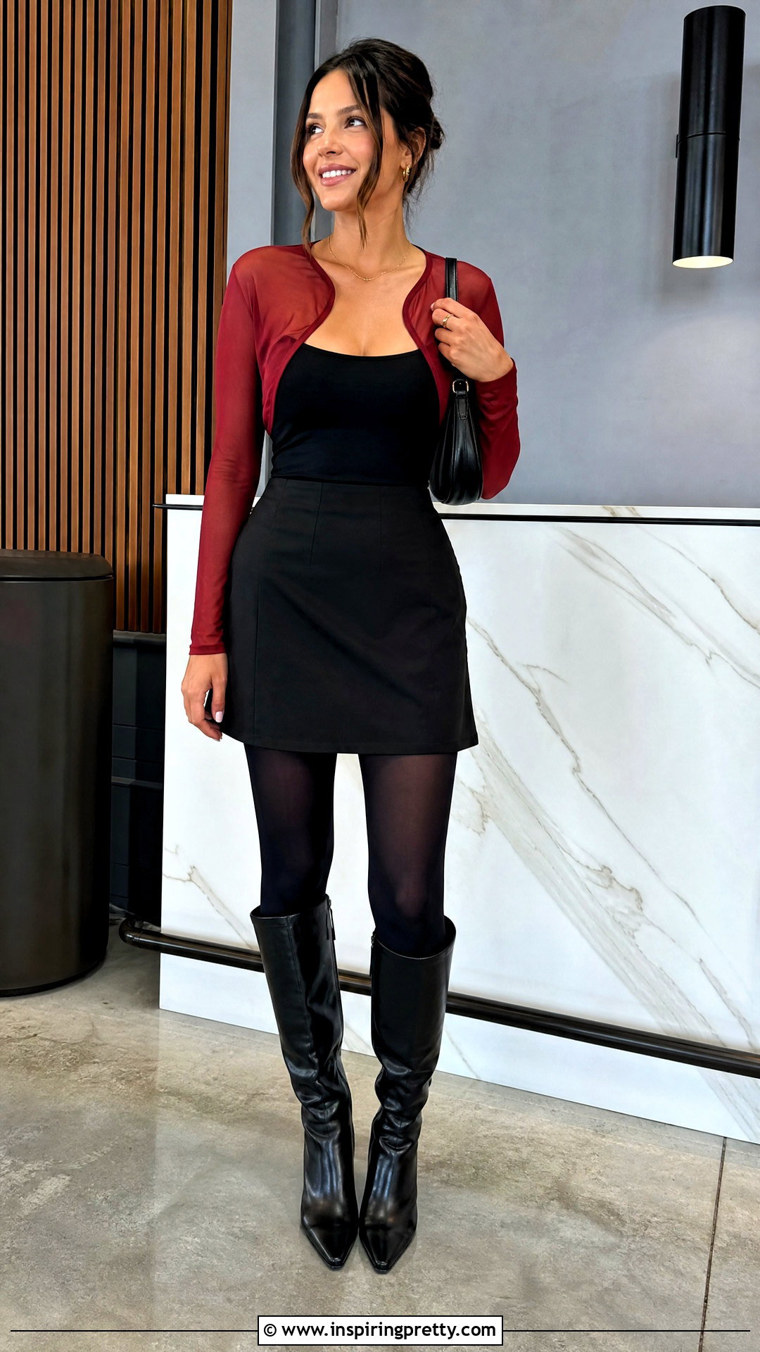 Red Sheer Bolero Top With Black Mini Skirt - 25 Sheer Bolero Top outfit ideas