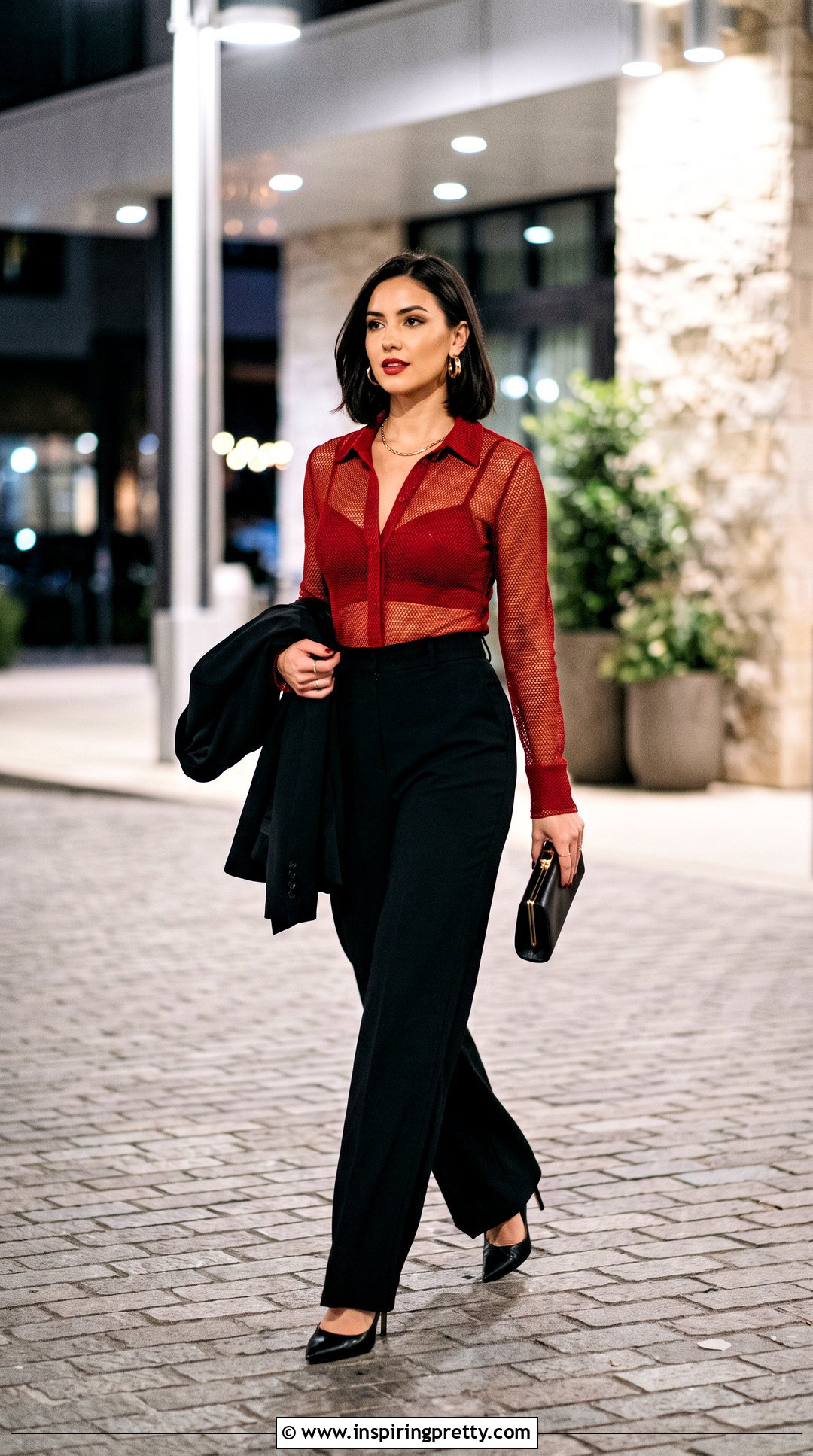 Red Sheer Bra Top With Black Trousers - 25 sheer bra top outfit ideas