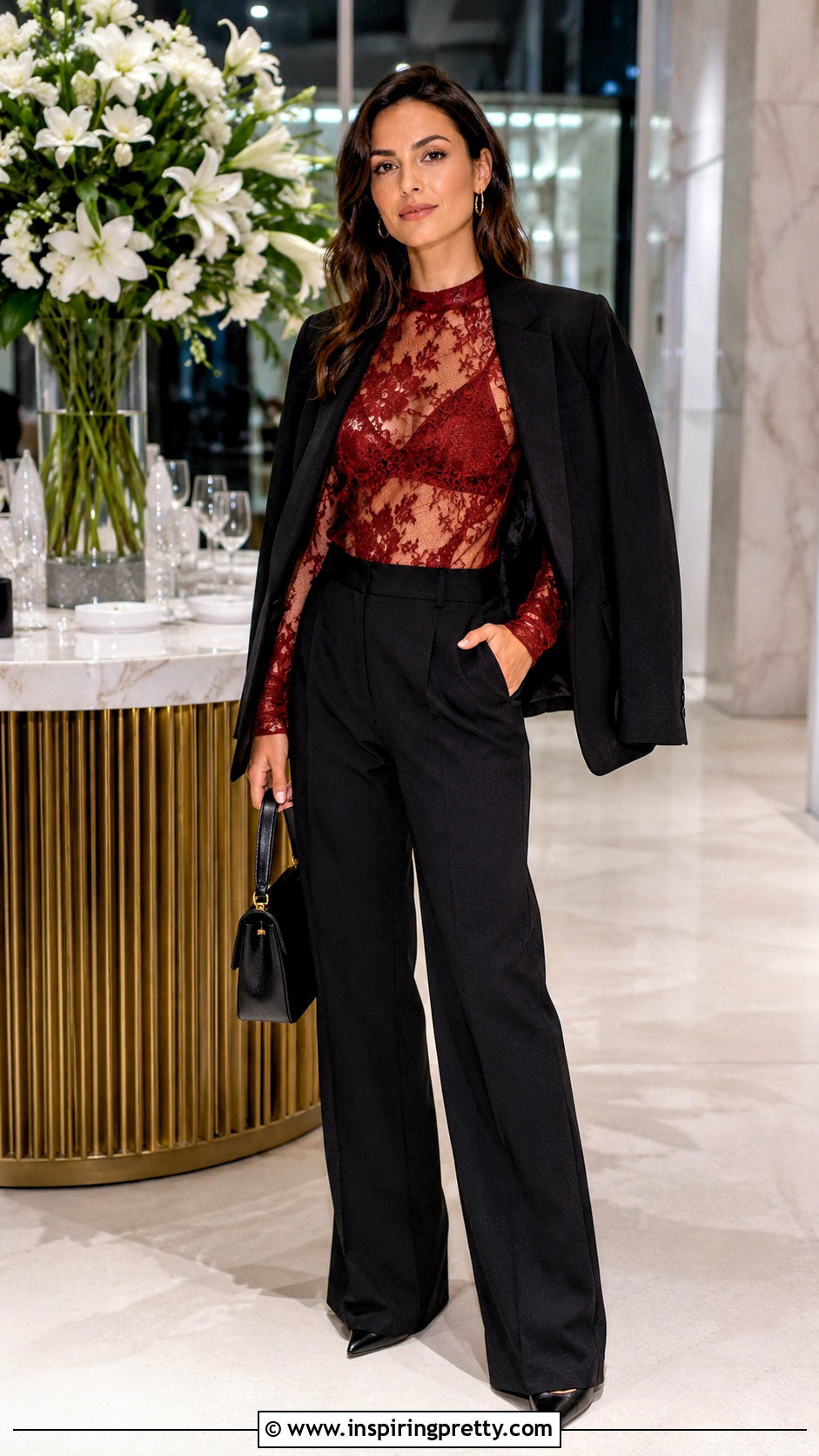 Red Sheer Lace Top With Black Trousers - 50 sheer lace top outfit ideas