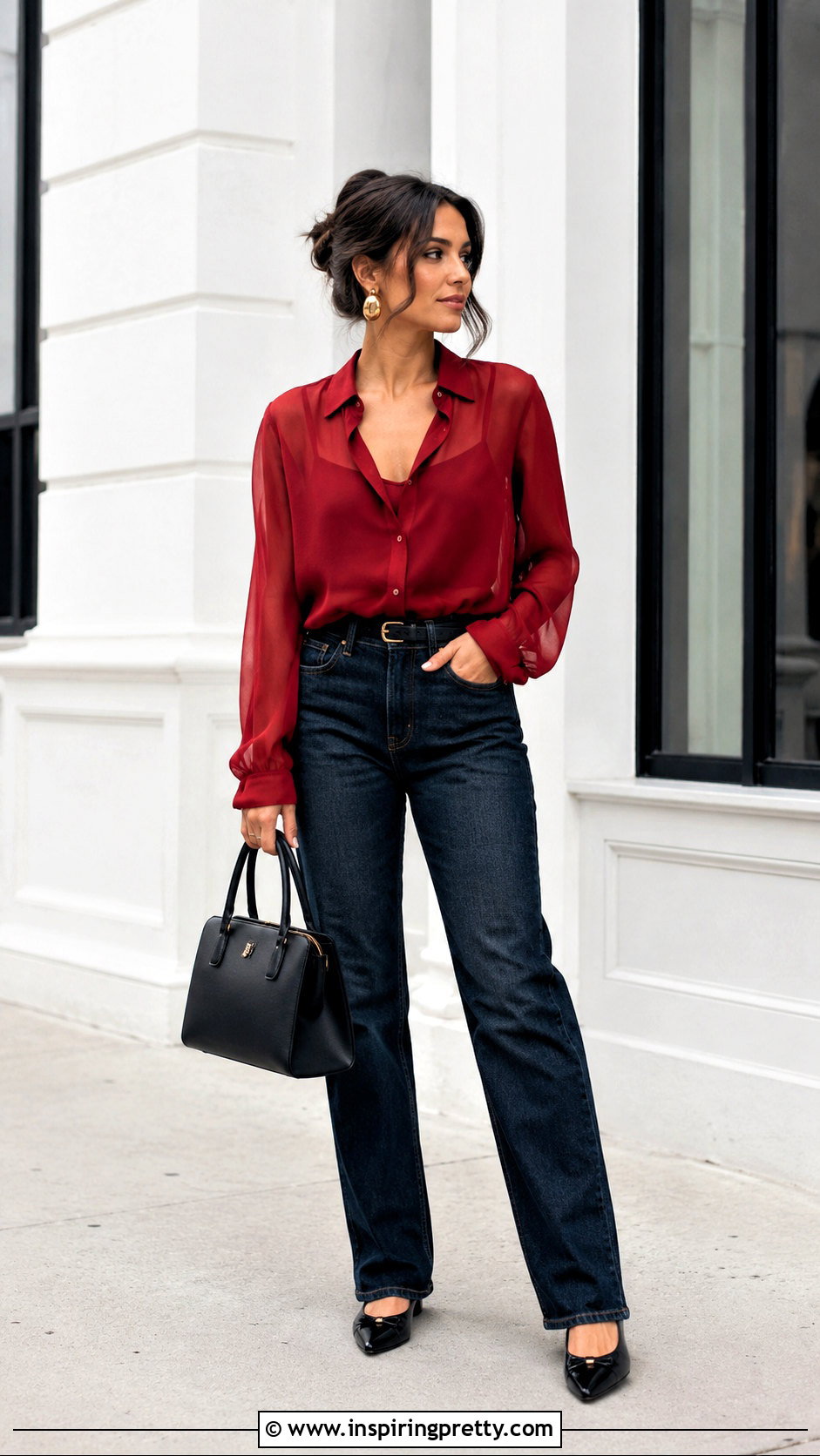 Red Shein Sheer Top With Dark Wash Jeans - 20 Shein Sheer Top outfit ideas