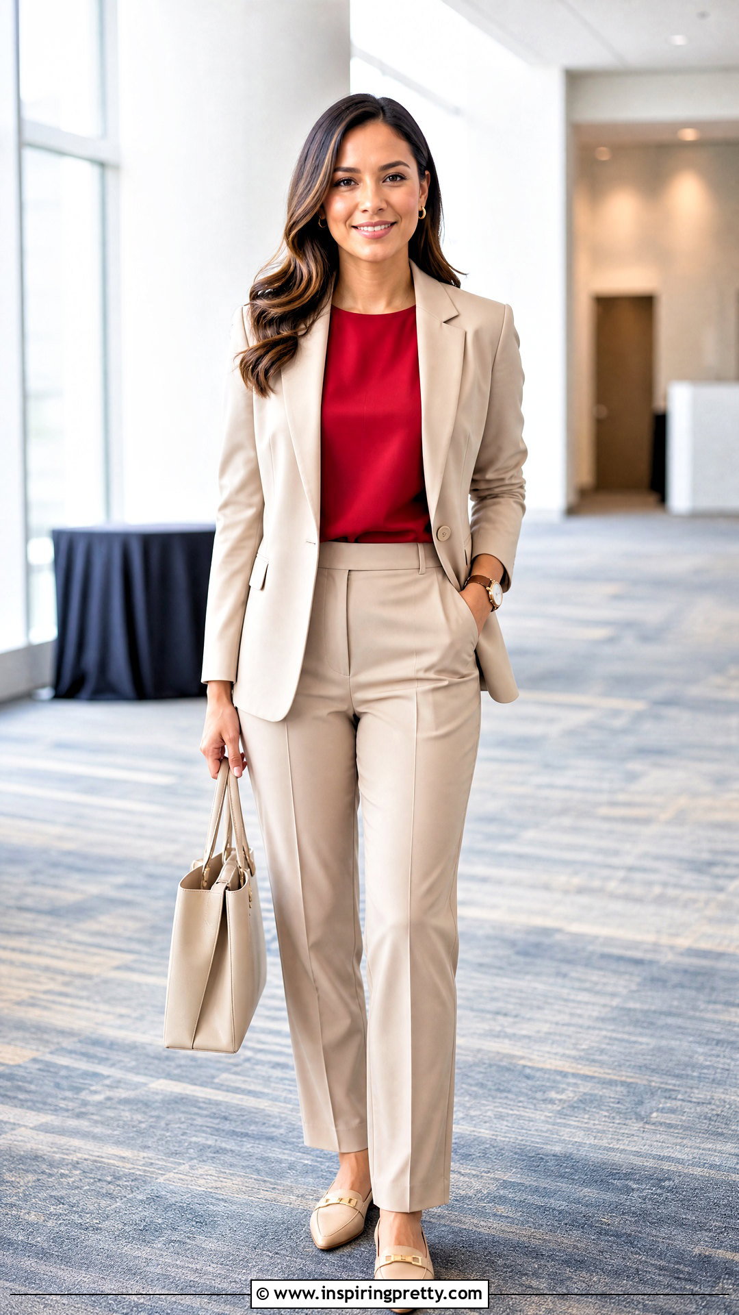 Red Shell Top With Neutral Pantsuit - 50 cute red tops outfit ideas