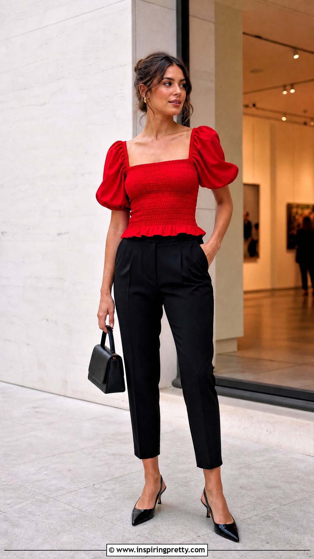 Red Shirred Puff Sleeve Top With Black Pants - 25 Shirred Puff Sleeve Top outfit ideas