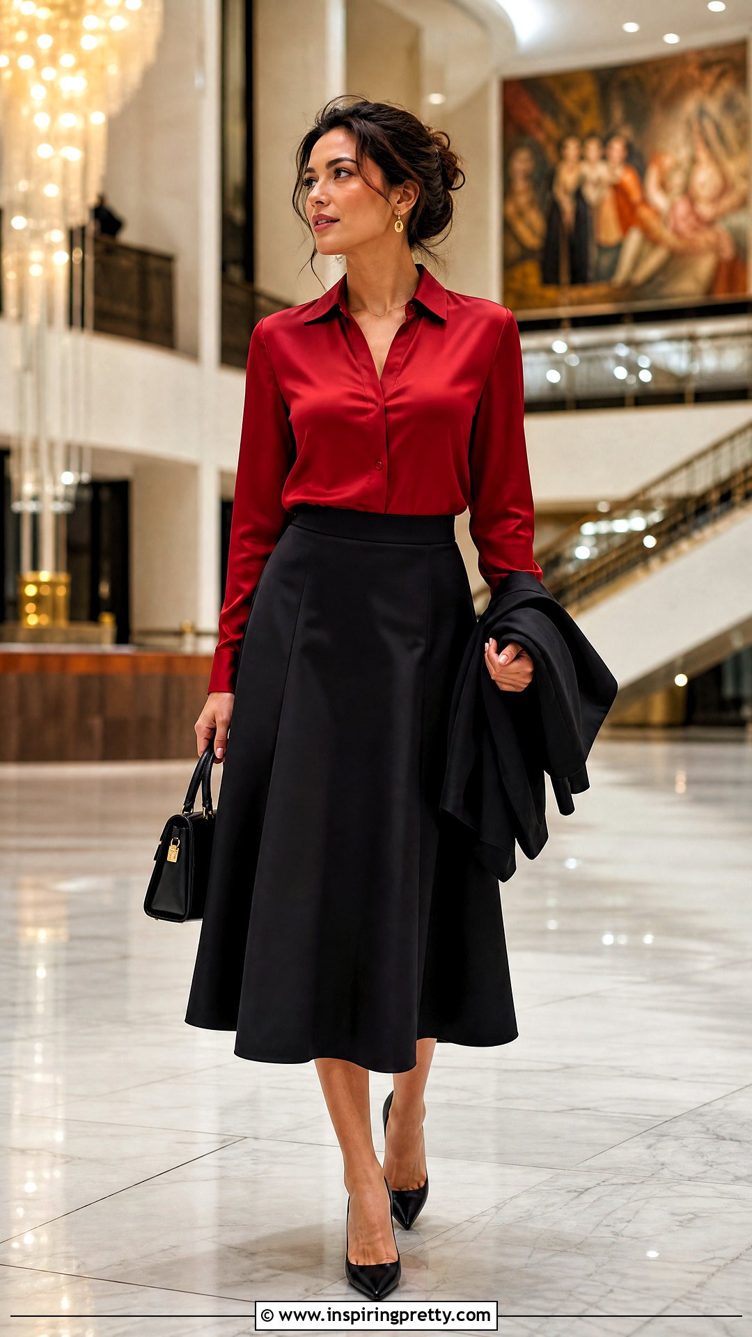 Red Silk Blouse With Black Midi Skirt - 50 silk tops blouses