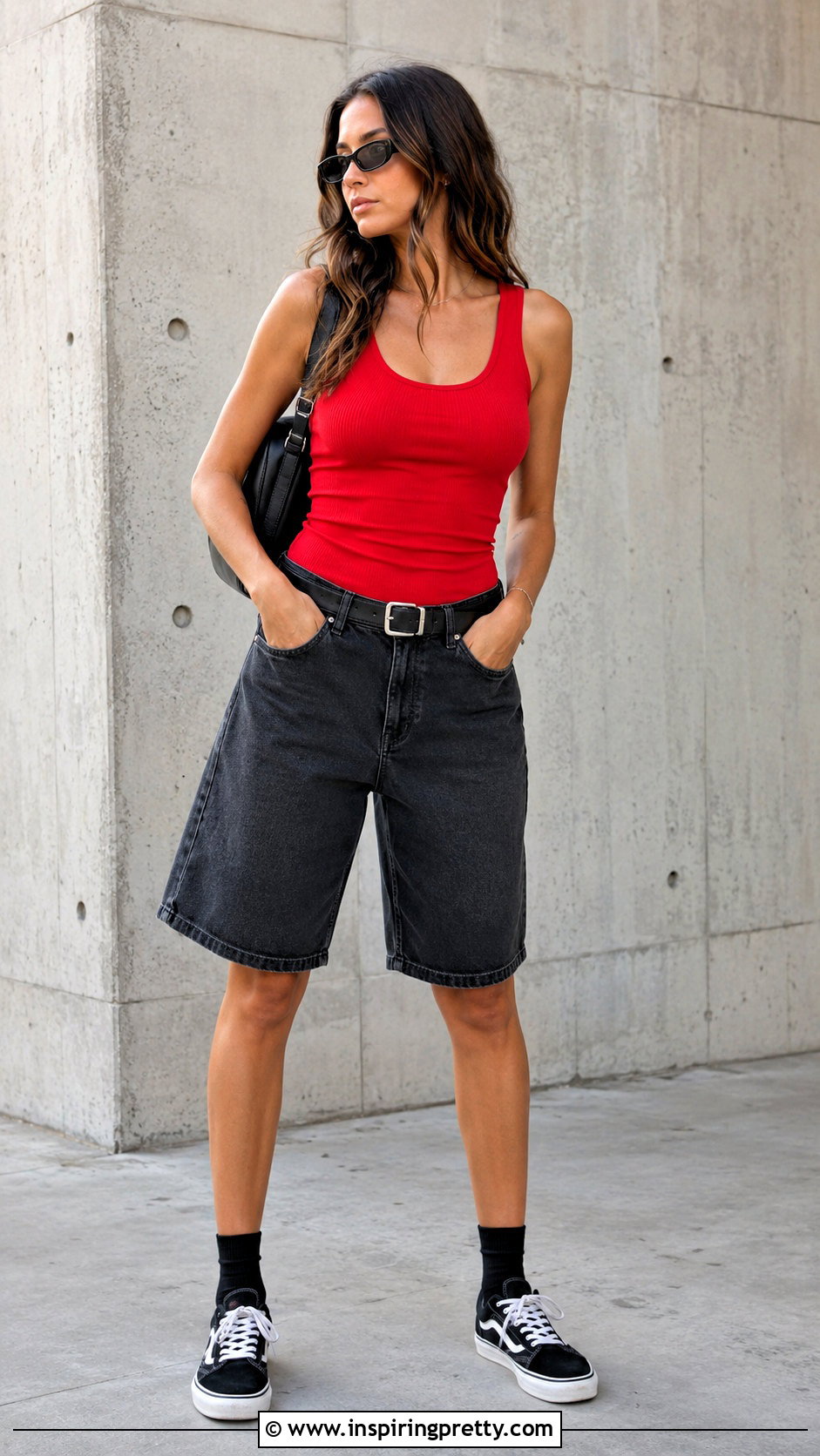 Red Skater Tank Top With Black Jorts - 20 skater tank tops outfit ideas