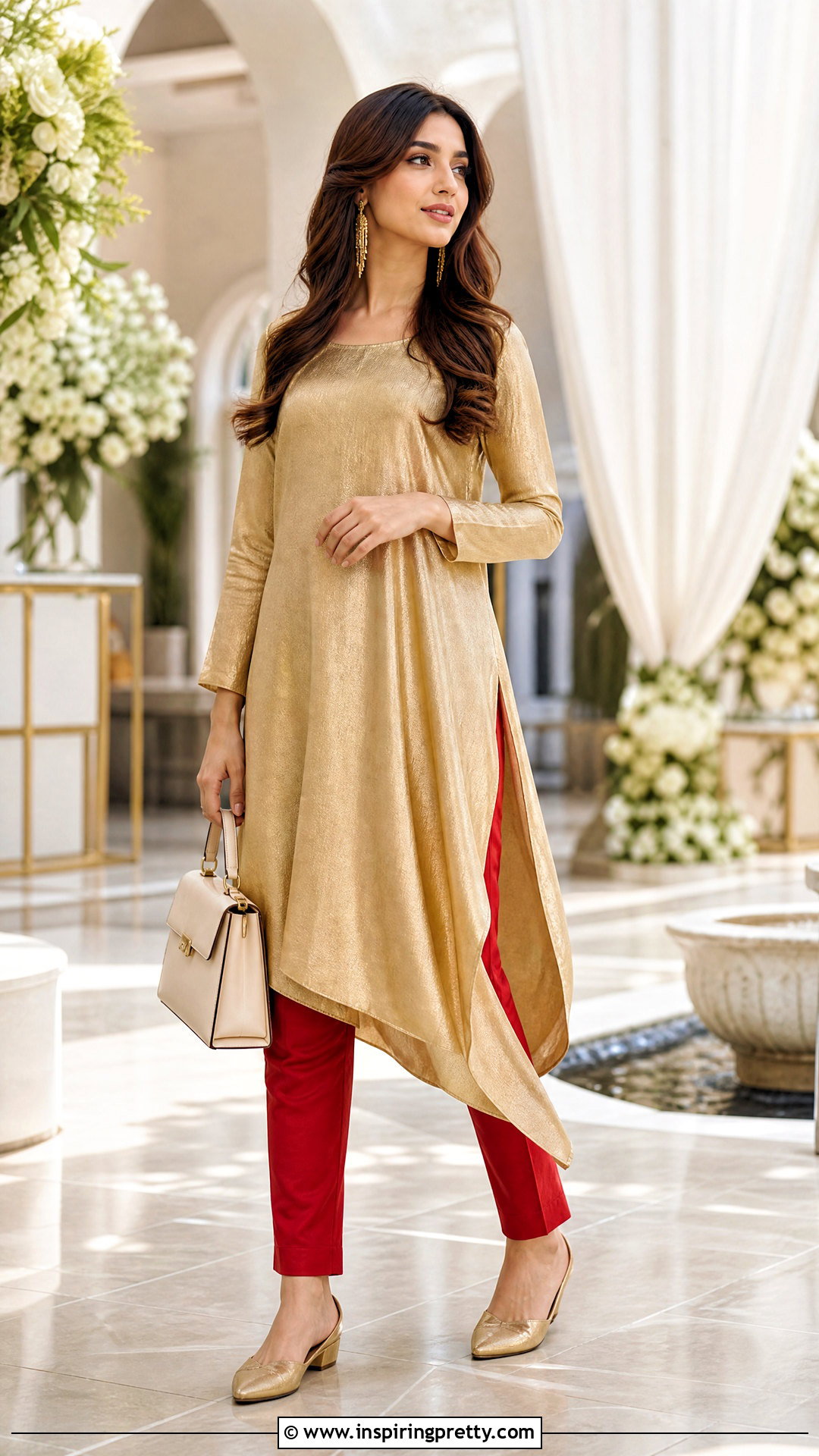 Red Skinny Pants With Gold Tunic Top - 25 Red Pants Gold Tops