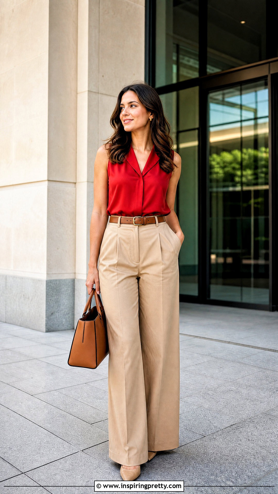 Red Sleeveless Blouse With Khaki Trousers - 50 red top outfit summer ideas