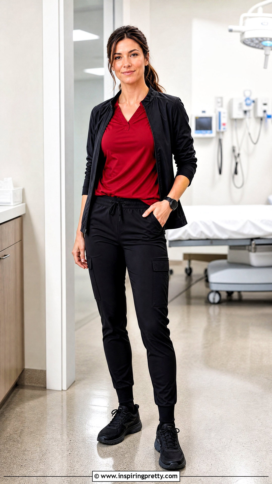 Red Sleeveless Scrub Top With Black Cargo Pants - 20 Sleeveless Scrub Top outfit ideas