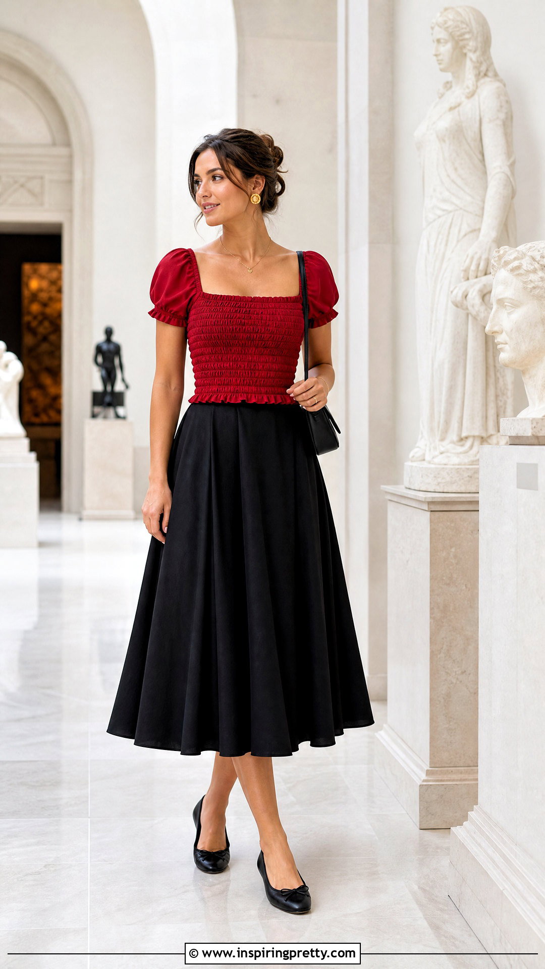 Red Smocked Top With Black Midi Skirt - 25 red smocked top outfit ideas