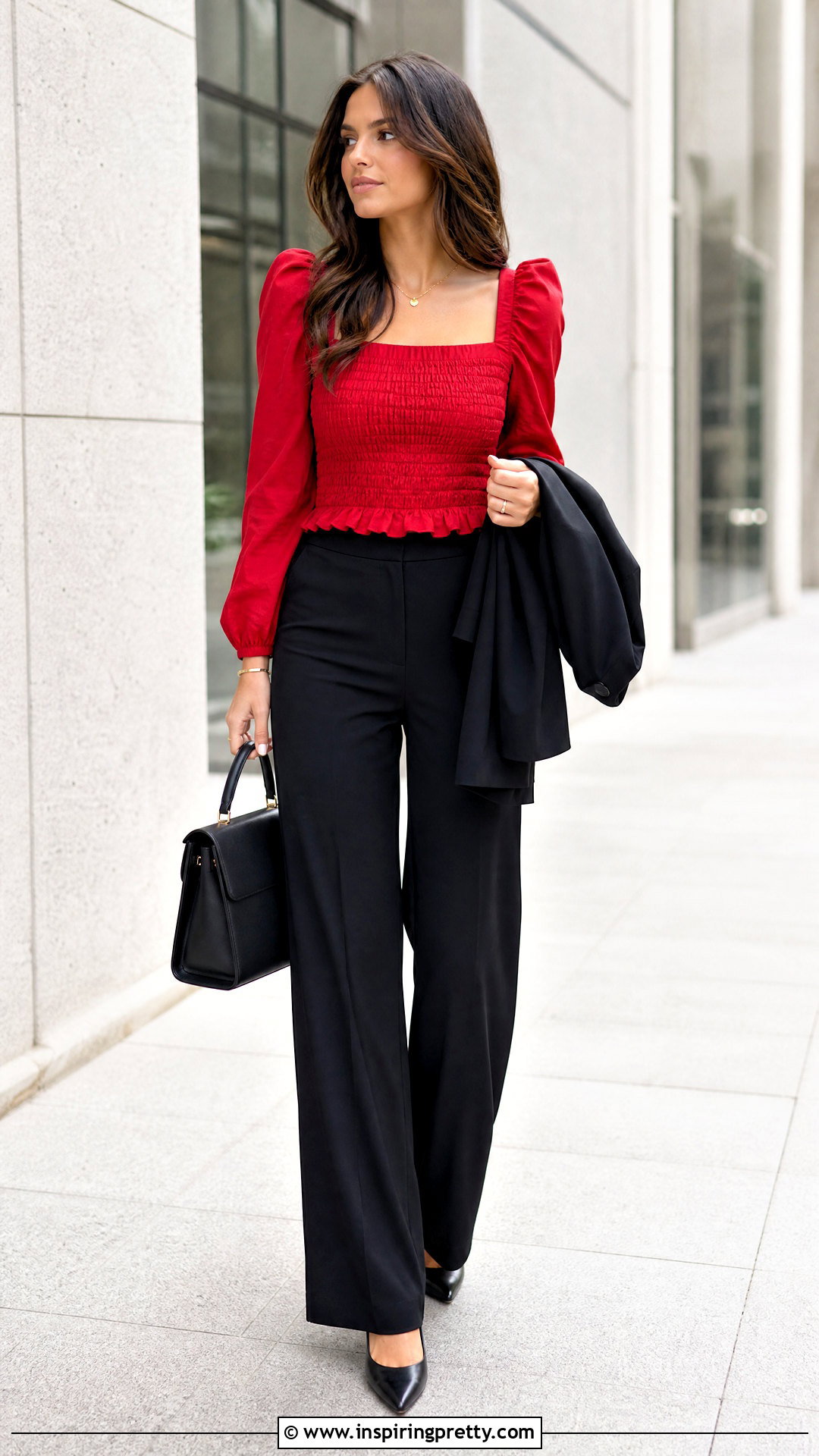 Red Smocked Top With Black Wide Leg Pants - 25 red smocked top outfit ideas