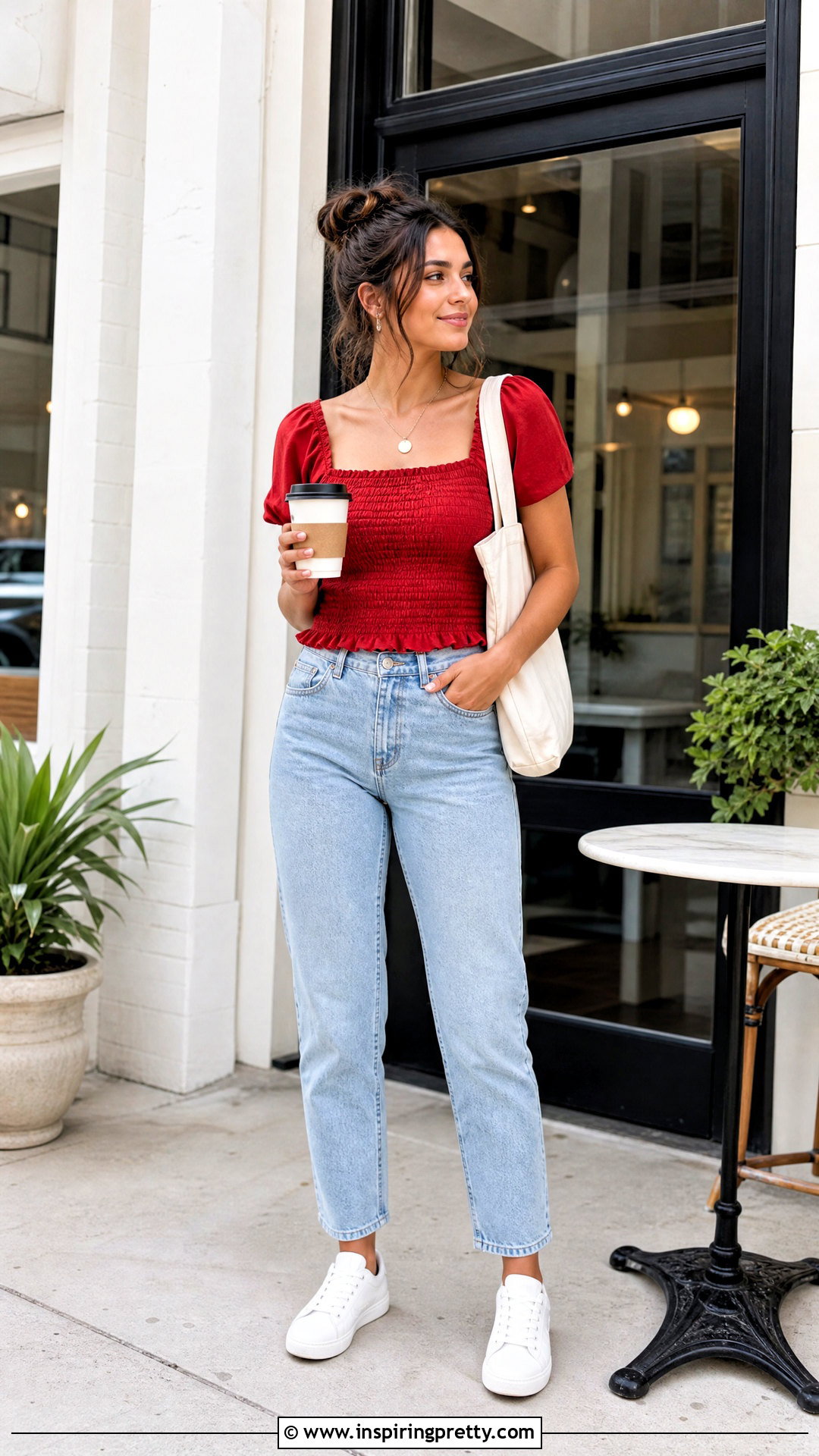Red Smocked Top With Mom Jeans - 25 red smocked top outfit ideas