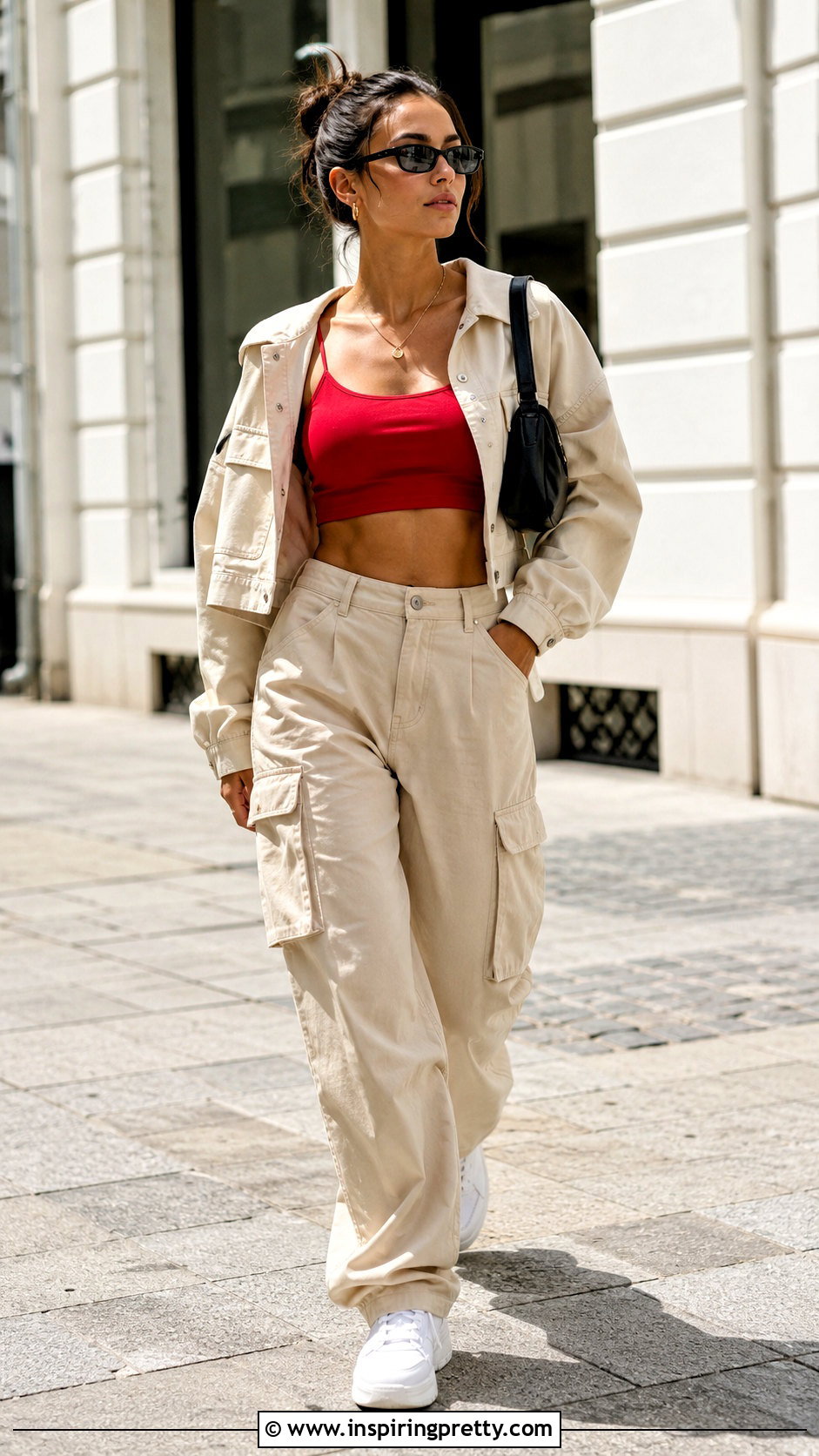 Red Spaghetti Strap Crop Top With Beige Cargo Pants - 20 red spaghetti strap crop top outfit ideas