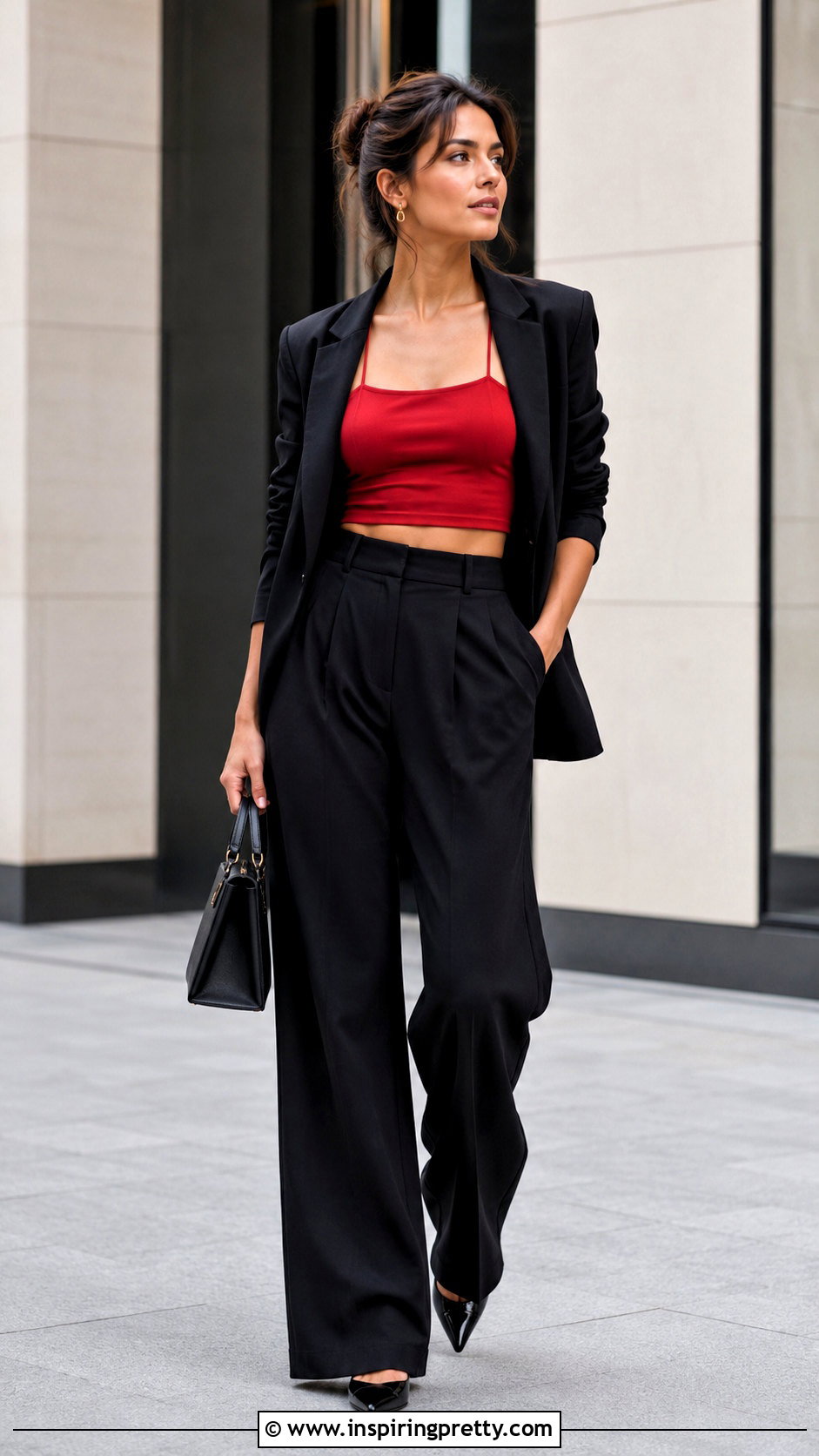 Red Spaghetti Strap Crop Top With Black Tailored Trousers - 20 red spaghetti strap crop top outfit ideas