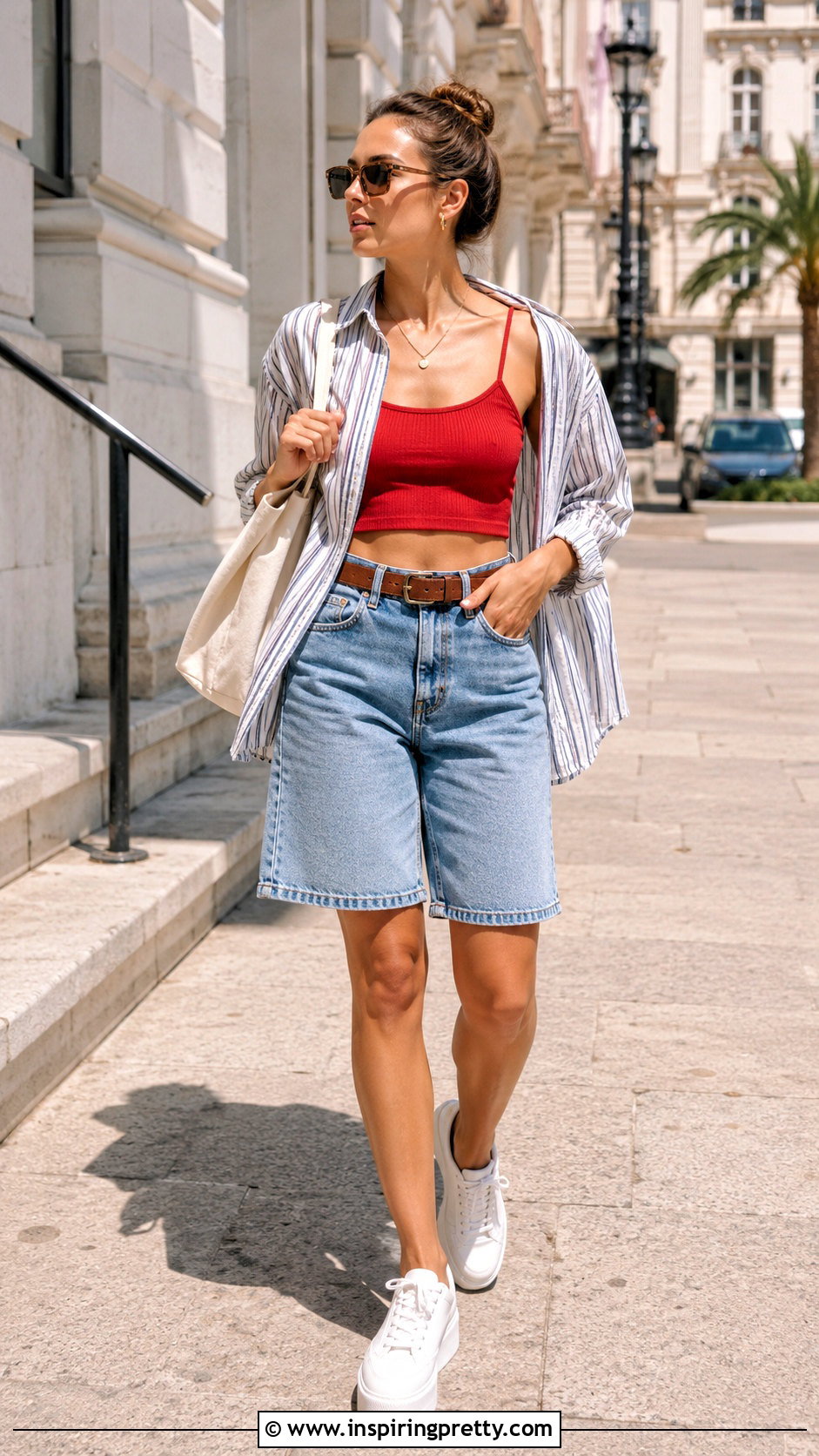 Red Spaghetti Strap Crop Top With Denim Bermuda Shorts - 20 red spaghetti strap crop top outfit ideas