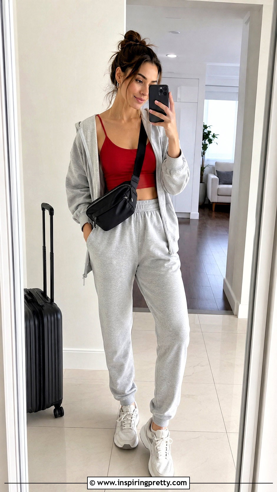 Red Spaghetti Strap Crop Top With Gray Joggers And Hoodie - 20 red spaghetti strap crop top outfit ideas