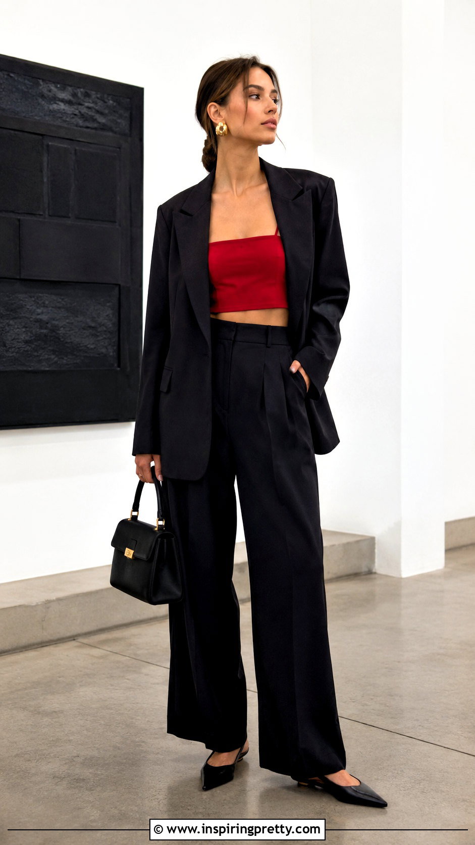 Red Spaghetti Strap Crop Top With Oversized Black Suit - 20 red spaghetti strap crop top outfit ideas