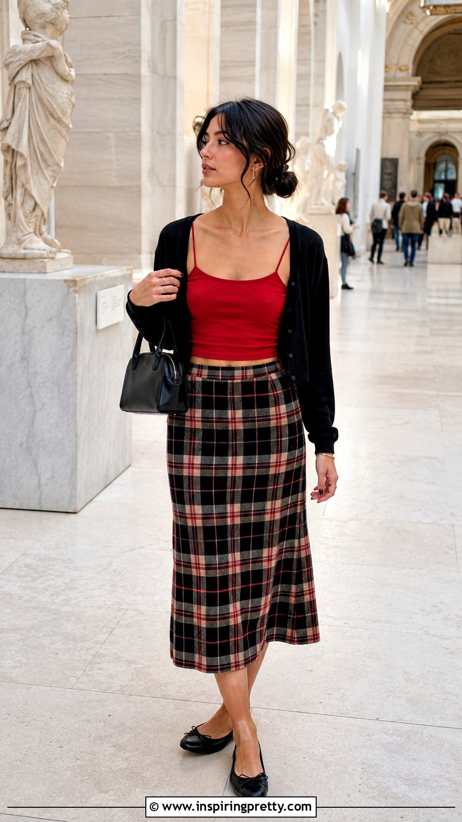 Red Spaghetti Strap Crop Top With Plaid Midi Skirt - 20 red spaghetti strap crop top outfit ideas