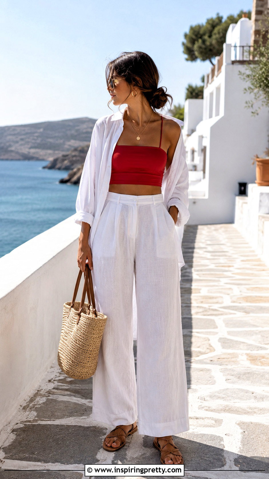 Red Spaghetti Strap Crop Top With White Linen Pants - 20 red spaghetti strap crop top outfit ideas