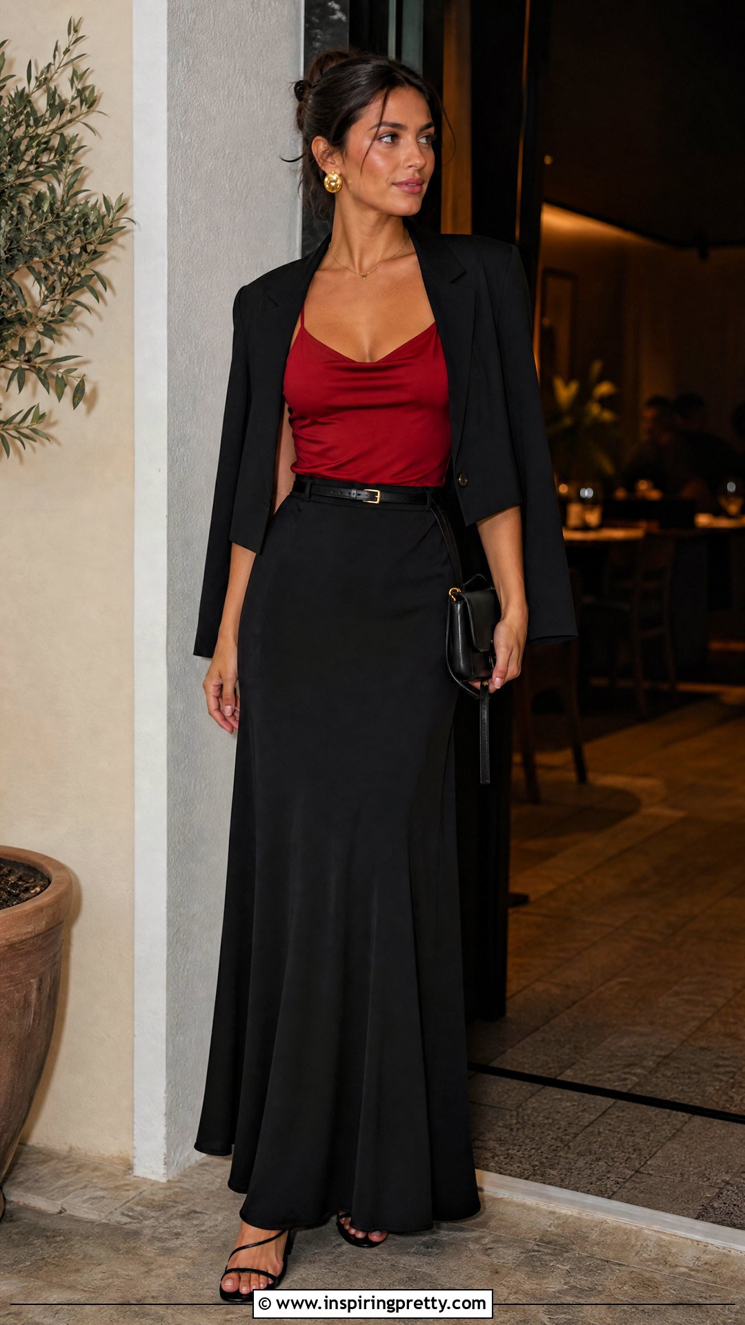 Red Spaghetti Top With Black Maxi Skirt - 50 spaghetti top outfit ideas