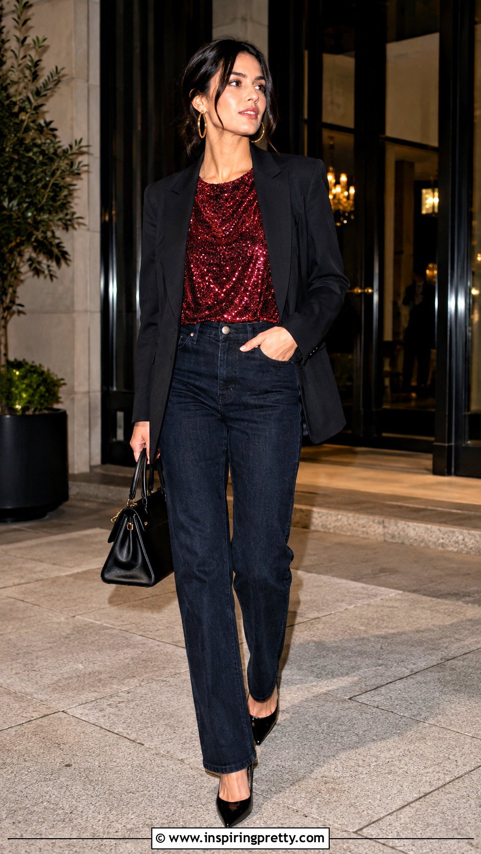 Red Sparkle Top With Dark Wash Jeans - 50 sparkle top outfit ideas