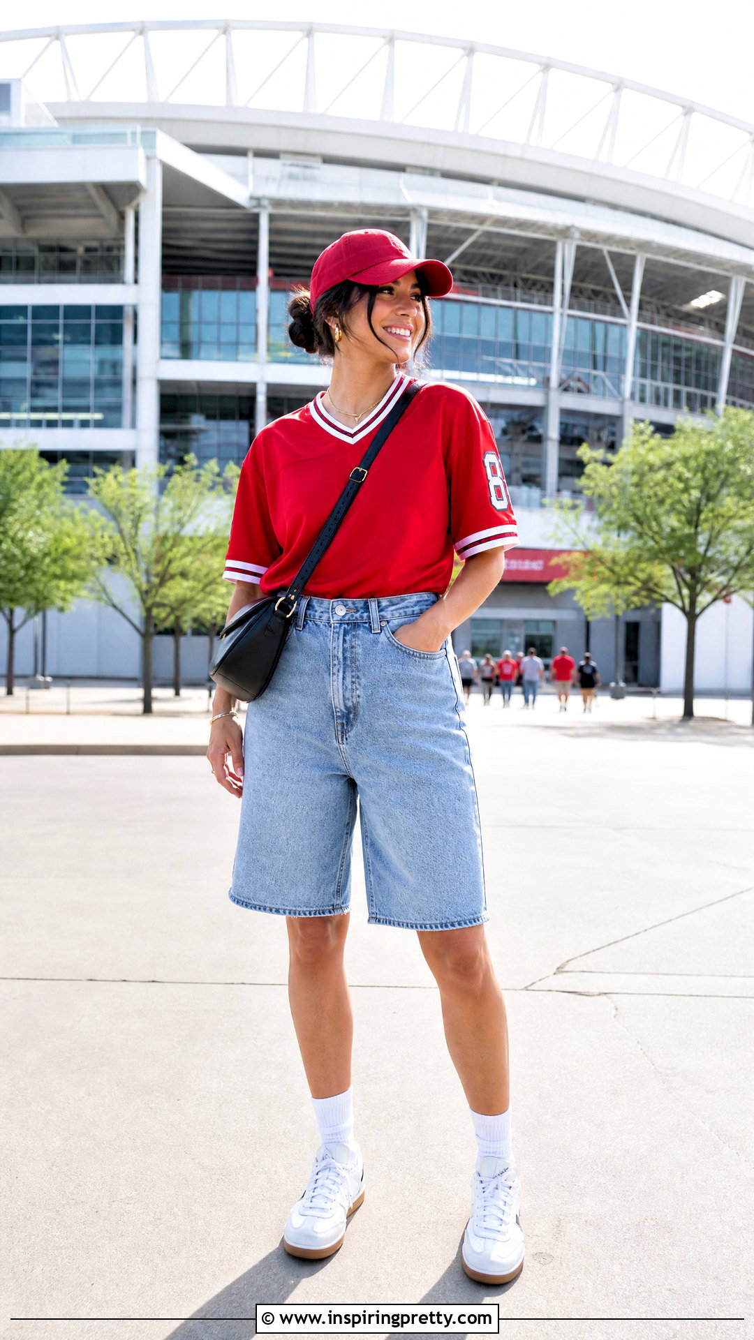 Red Sports Jersey With Denim Bermuda Shorts - 50 red tops outfit ideas