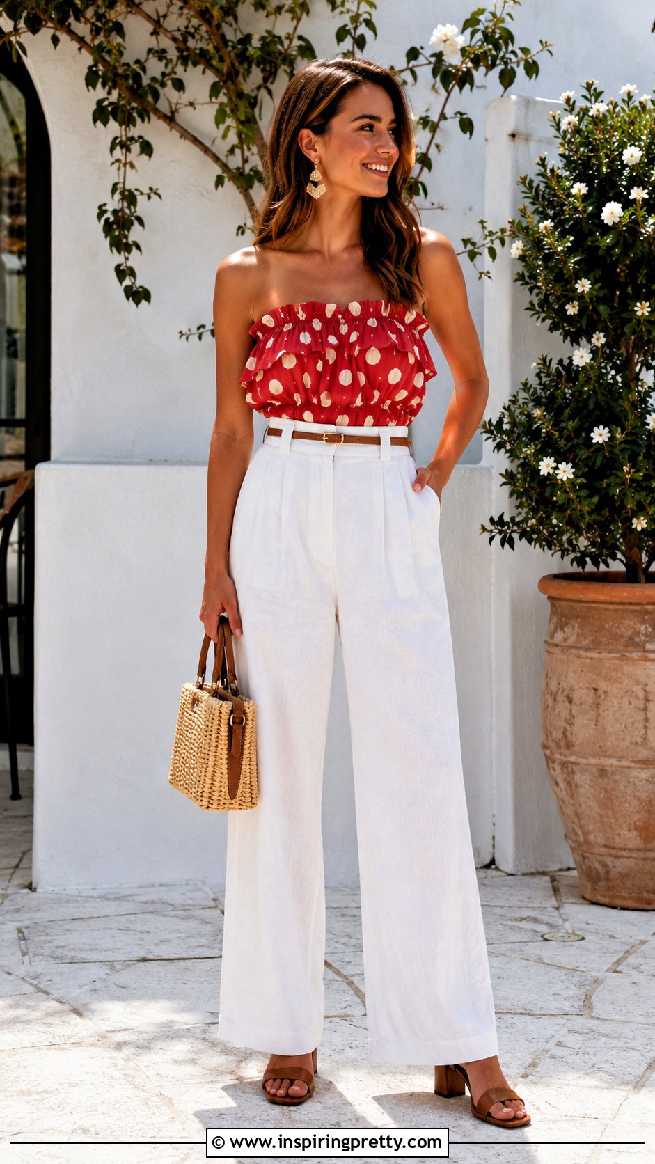 Red Spotted Top With White Wide Leg Pants - 25 Spotted Tops outfit ideas