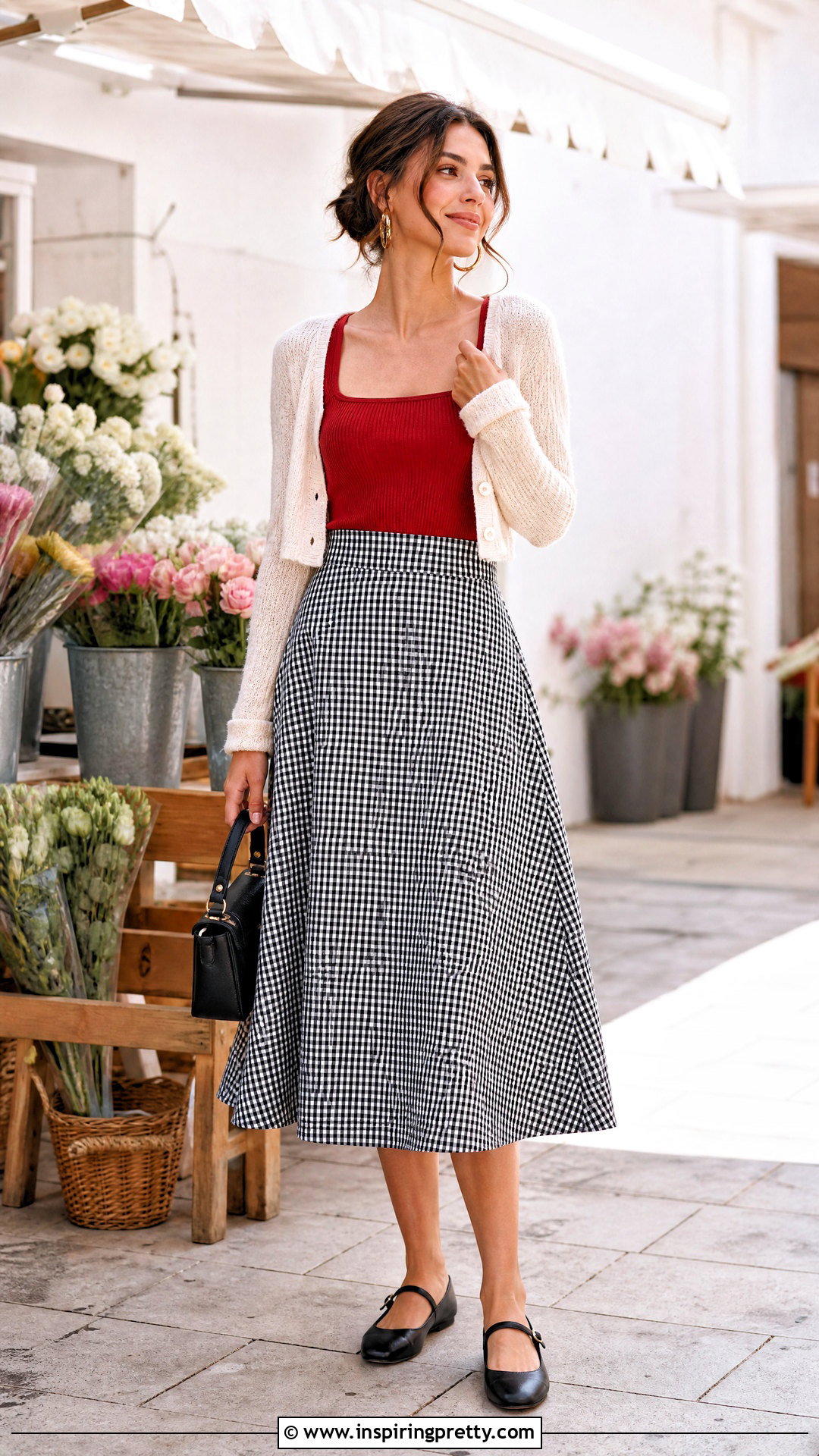 Red Square Neck Top With Gingham Skirt - 50 cute red tops outfit ideas
