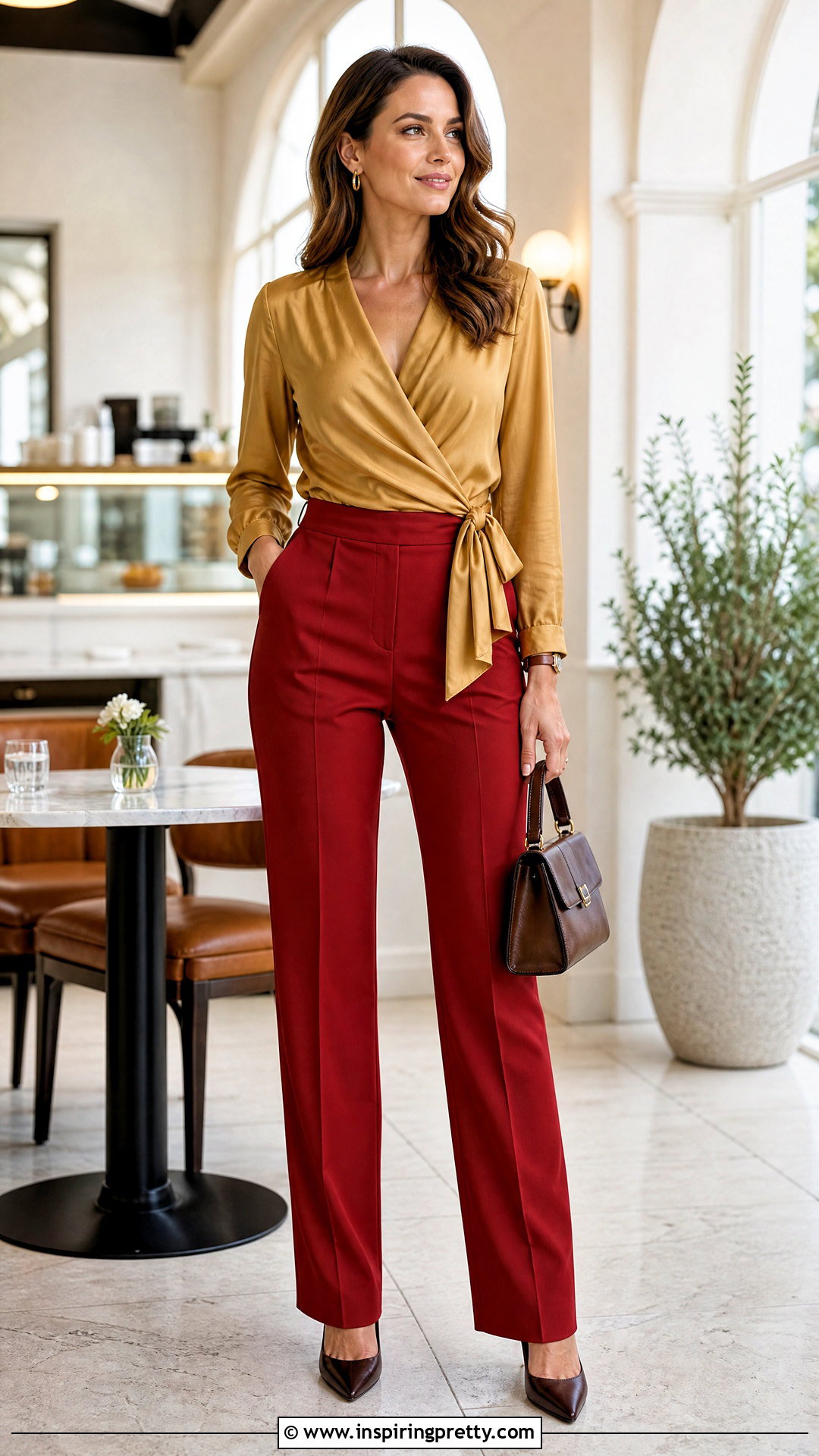 Red Straight Leg Pants With Gold Wrap Blouse - 25 Red Pants Gold Tops