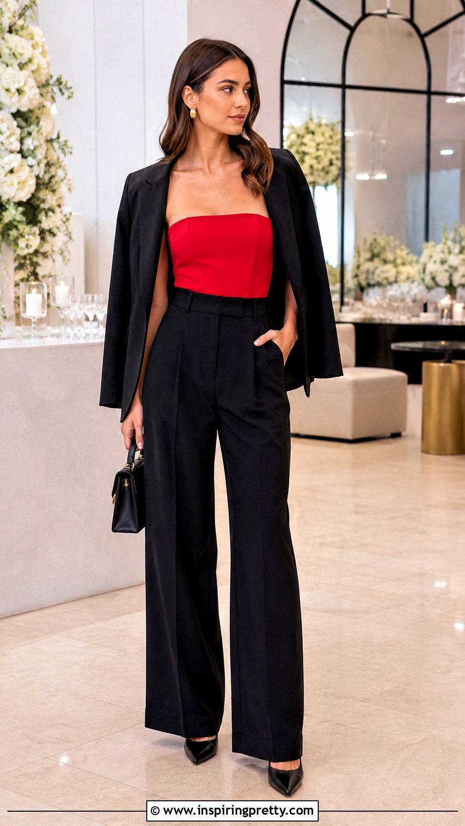 Red Strapless Top With Black Trousers - 50 going out tops night out ideas