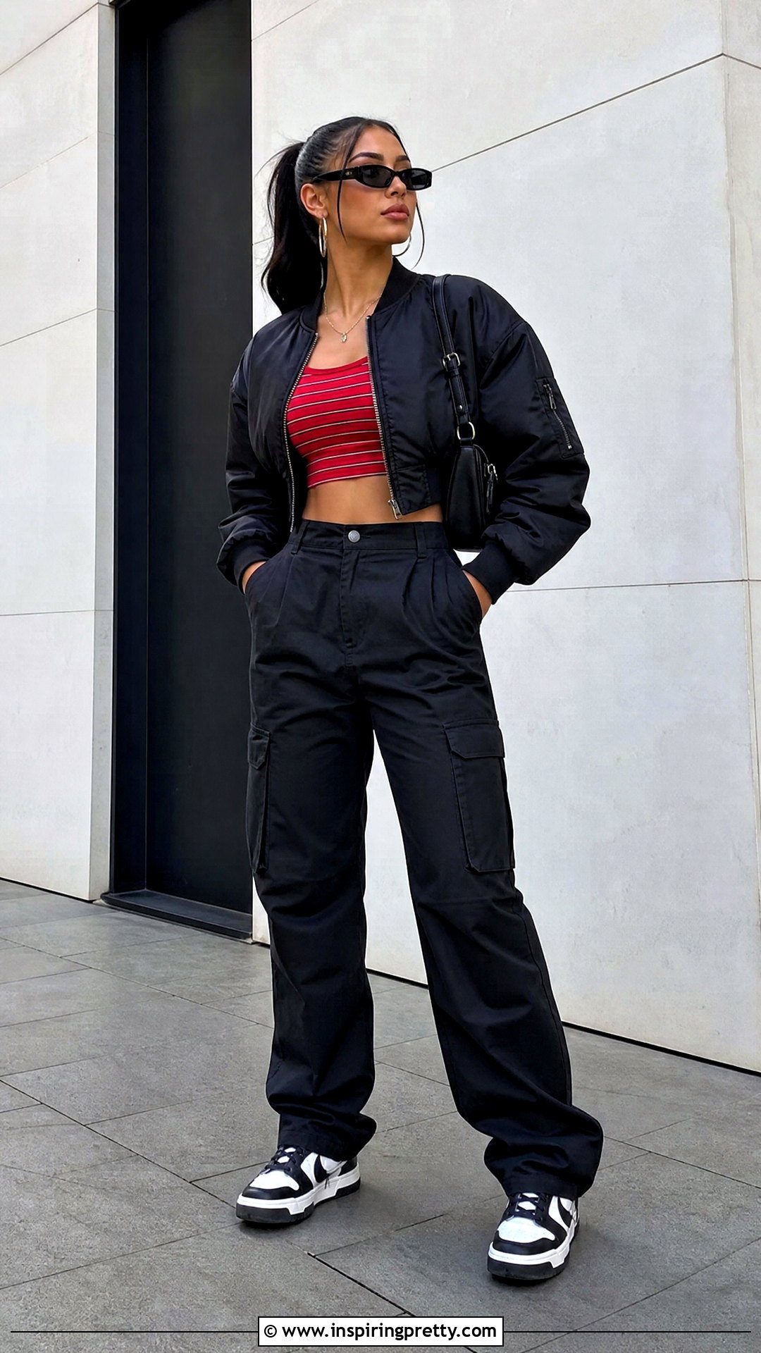 Red Striped Crop Top With Black Cargo Pants - 25 Red Striped Crop Top outfit ideas