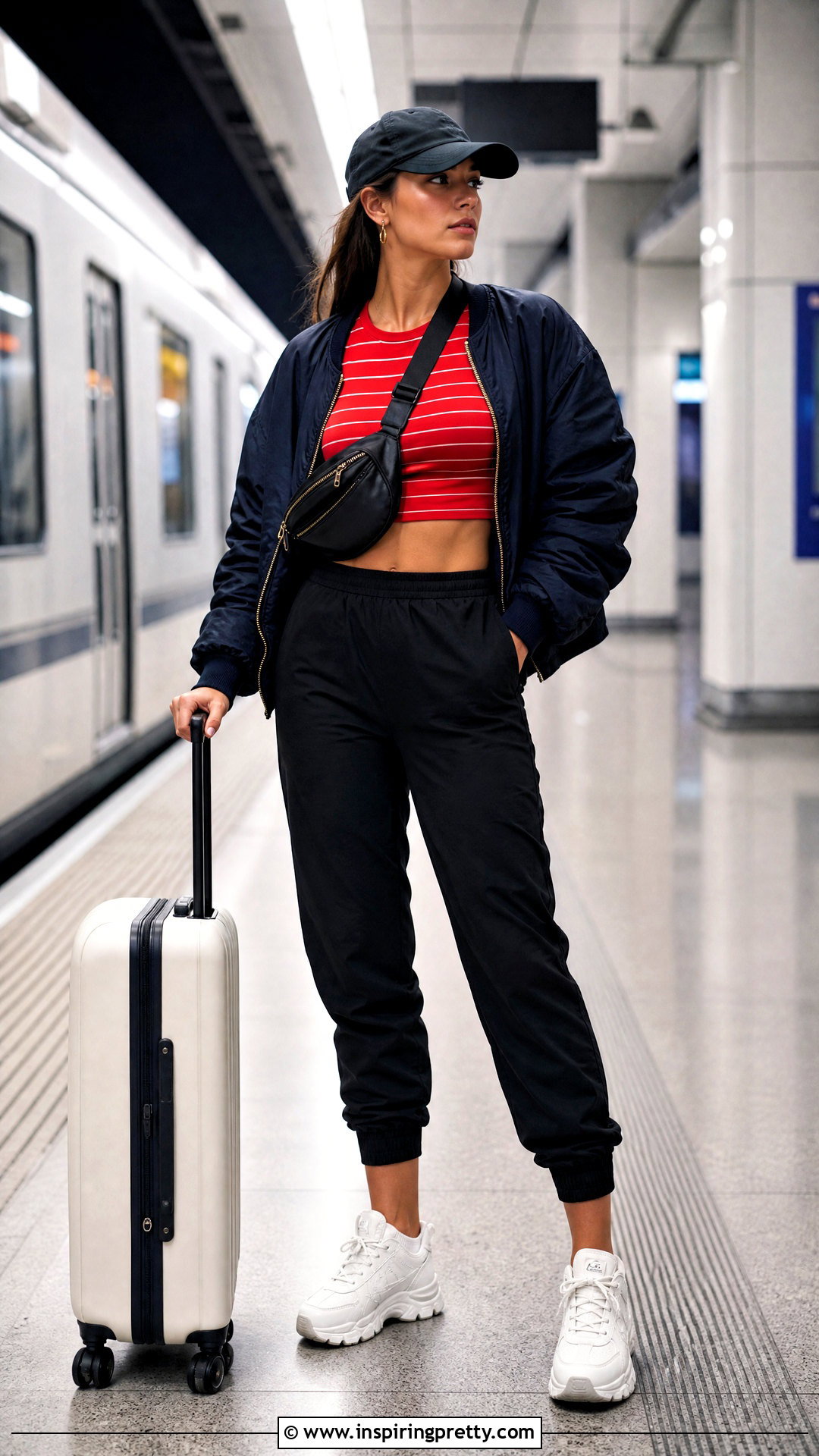 Red Striped Crop Top With Bomber Jacket And Joggers - 25 Red Striped Crop Top outfit ideas