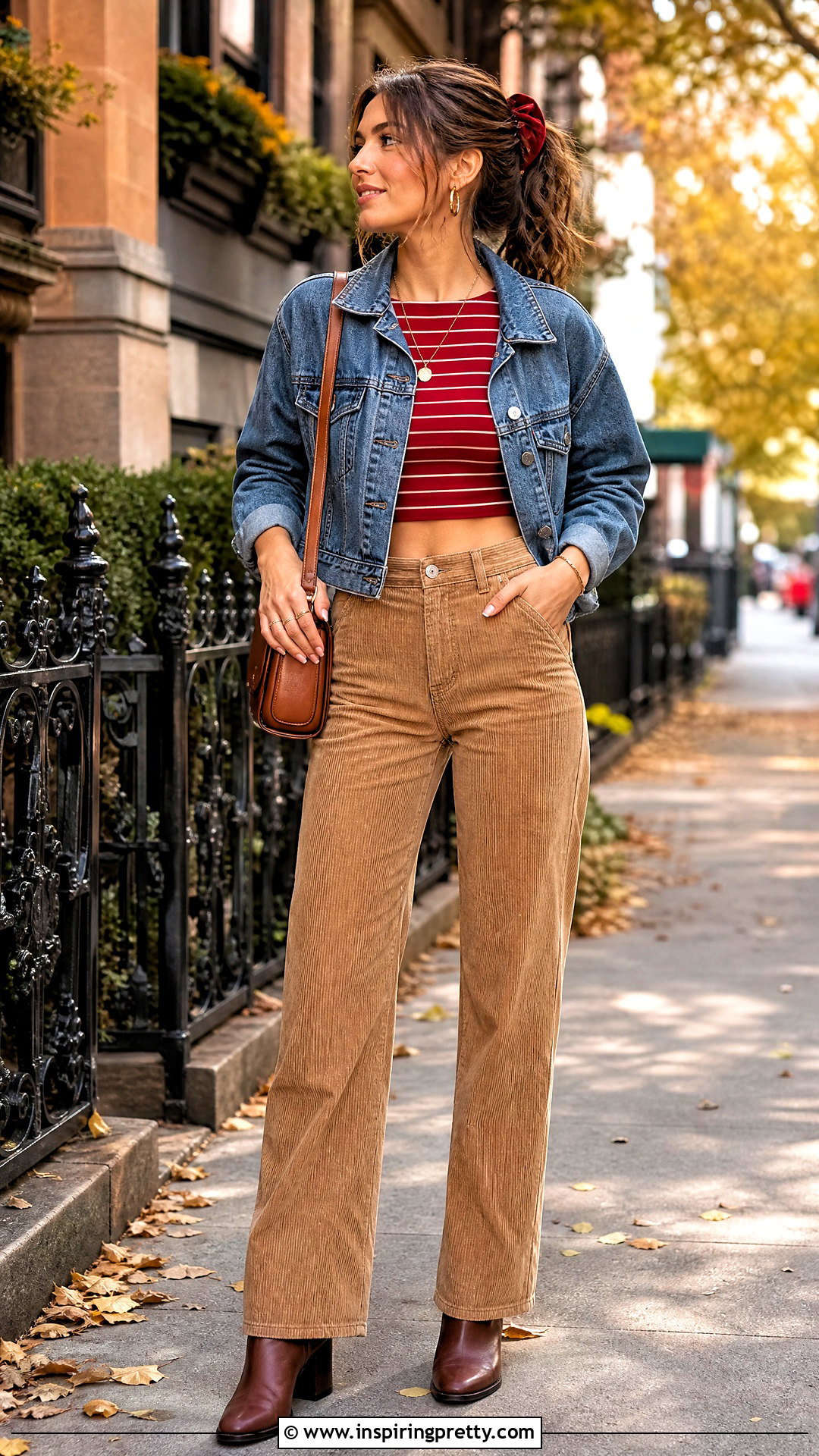 Red Striped Crop Top With Corduroy Pants And Boots - 25 Red Striped Crop Top outfit ideas