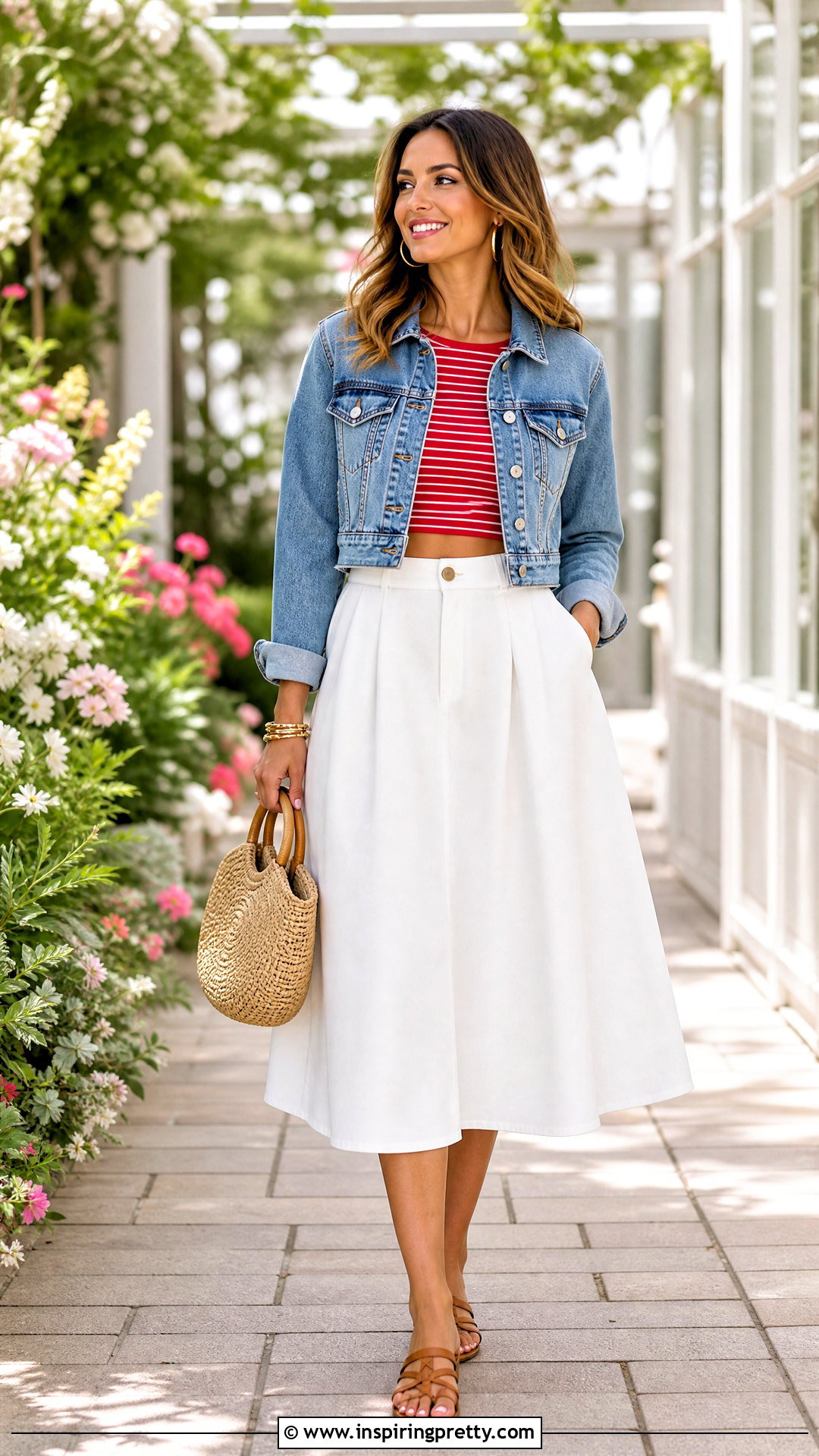 Red Striped Crop Top With Denim Jacket And White Skirt - 25 Red Striped Crop Top outfit ideas