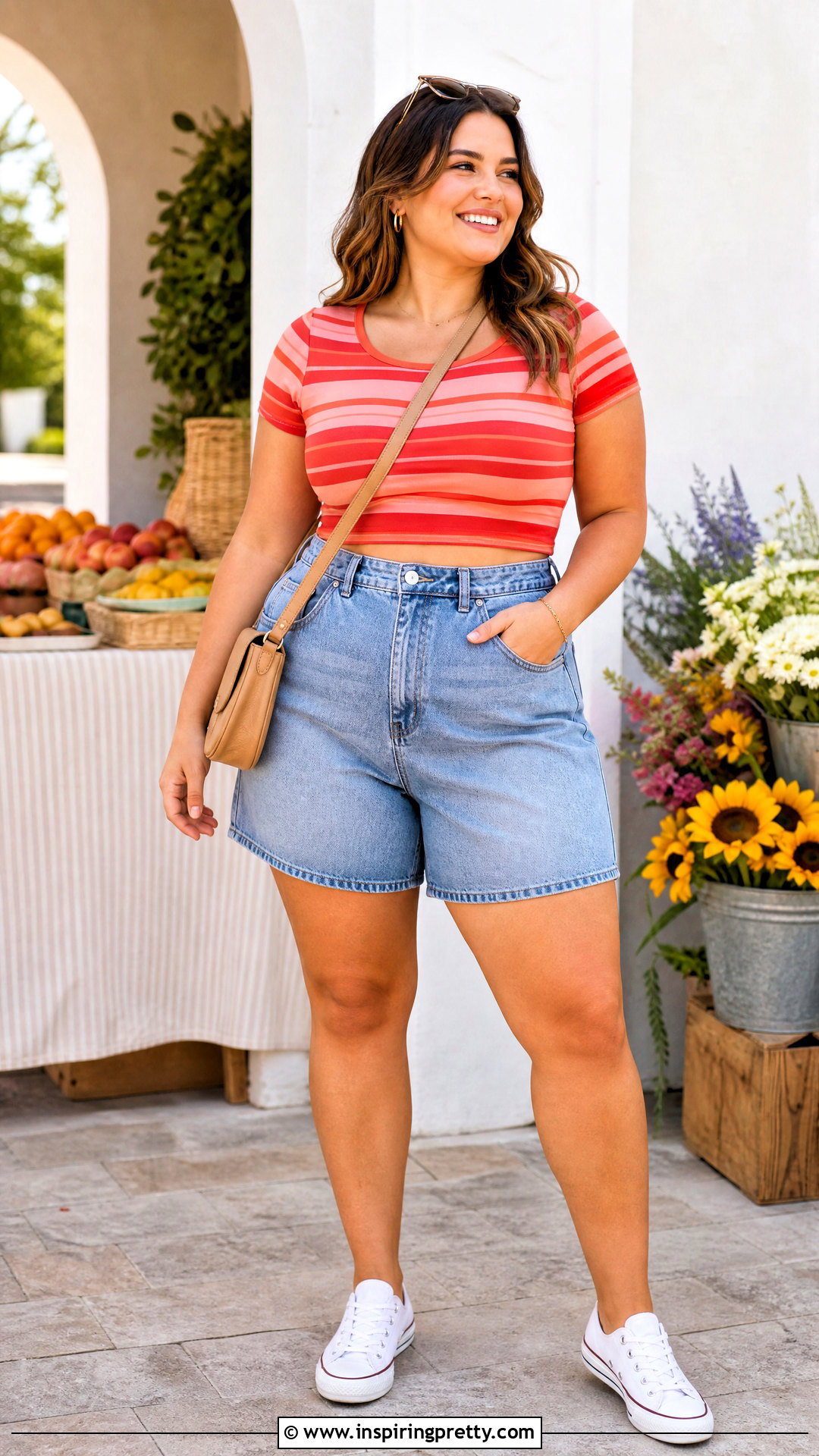 Red Striped Crop Top With Denim Shorts - 20 Colorful Striped Crop Tops outfit ideas