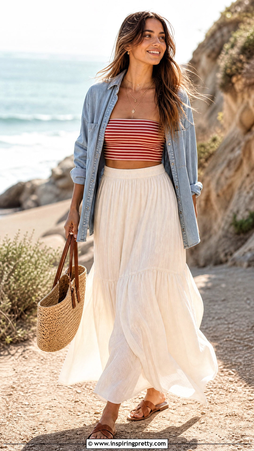 Red Striped Crop Top With Flowy Maxi Skirt - 25 Red Striped Crop Top outfit ideas