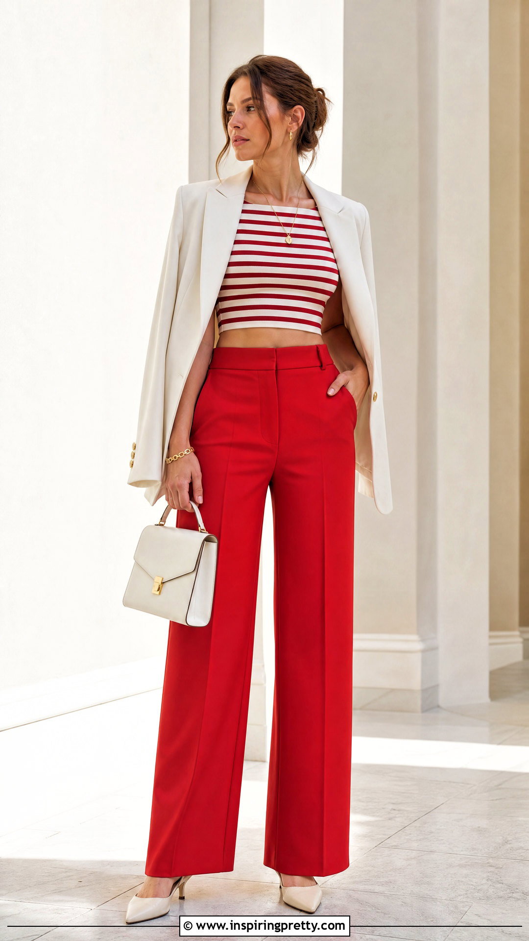 Red Striped Crop Top With Red Tailored Trousers - 25 Red Striped Crop Top outfit ideas