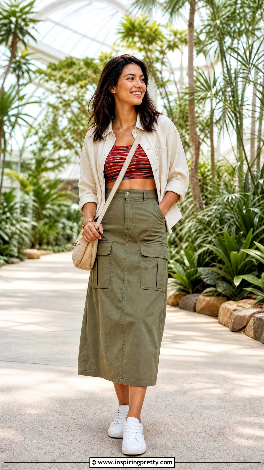 Red Striped Crop Top With Utility Jacket And Cargo Skirt - 25 Red Striped Crop Top outfit ideas