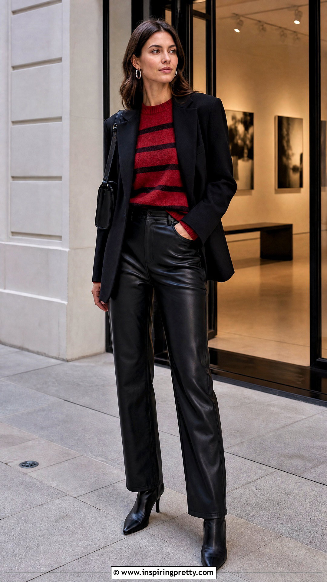 Red Striped Top With Black Leather Pants - 50 red striped top outfit ideas