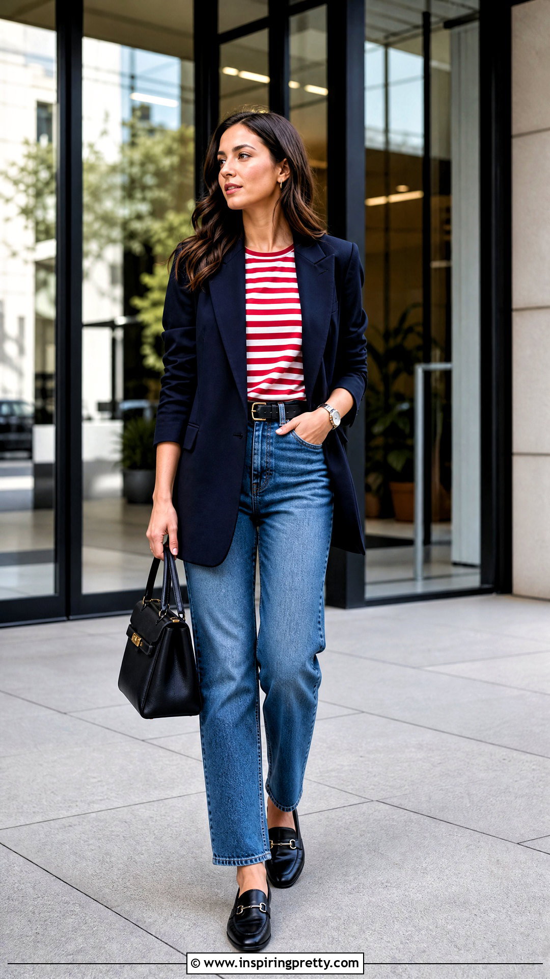 Red Striped Top With Blazer And Jeans - 50 red striped top outfit ideas