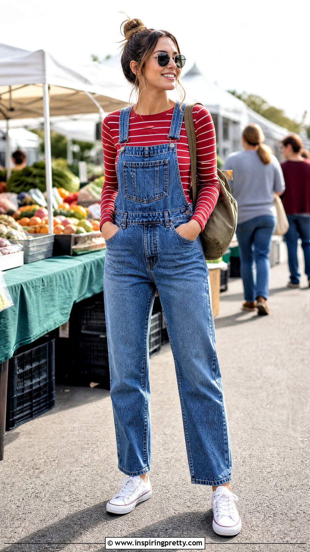 Red Striped Top With Denim Overalls - 50 red striped top outfit ideas