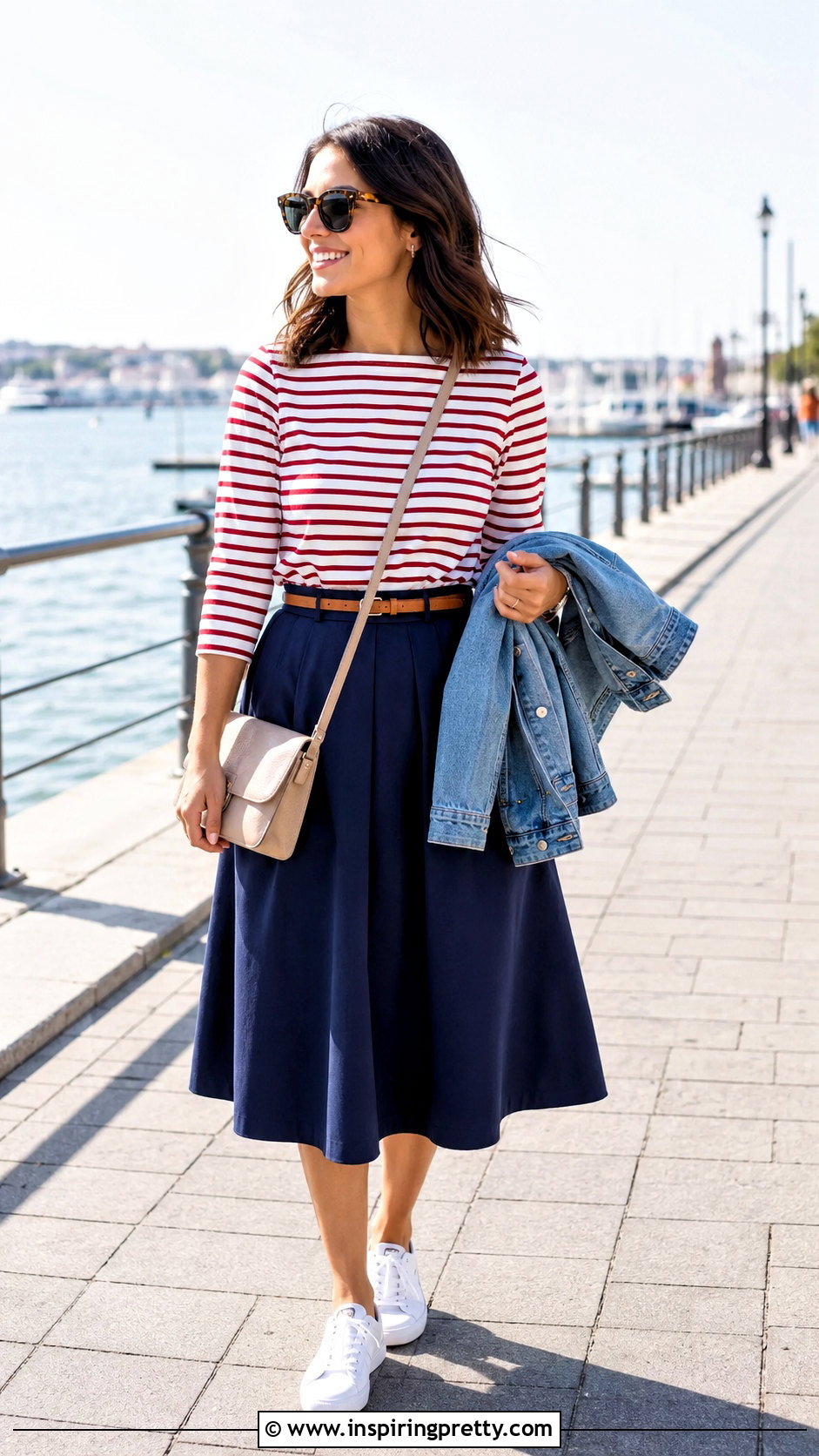 Red Striped Top With Navy Midi Skirt - 20 striped top and skirt style ideas