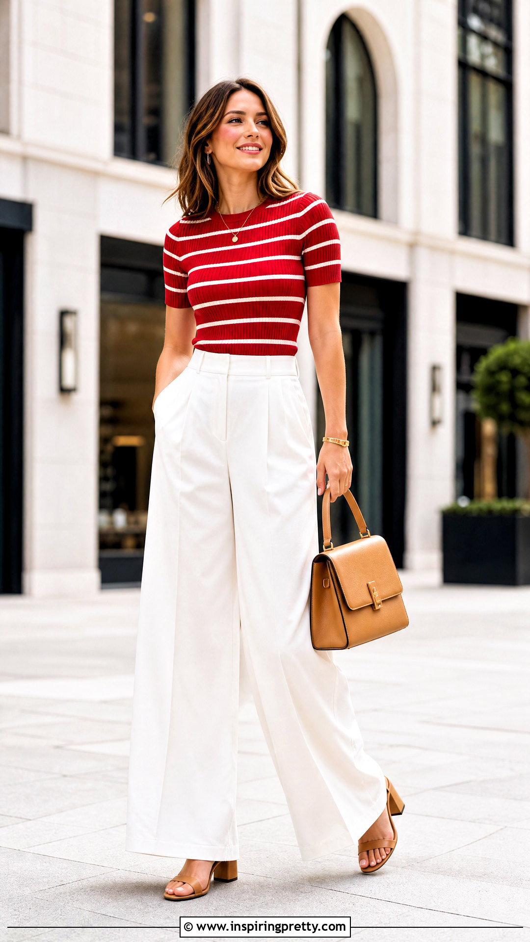 Red Striped Top With White Wide Leg Trousers - 50 red striped top outfit ideas