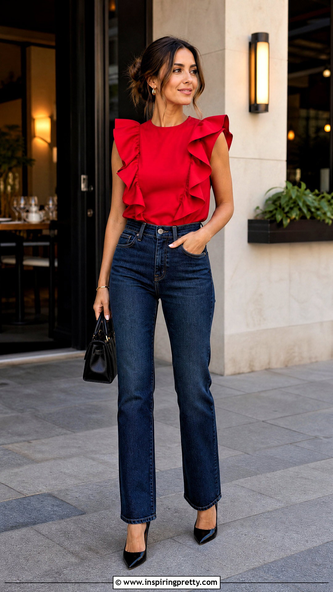 Red Structured Ruffle Top With Dark Wash Jeans - 20 Structured Ruffle Top outfit ideas