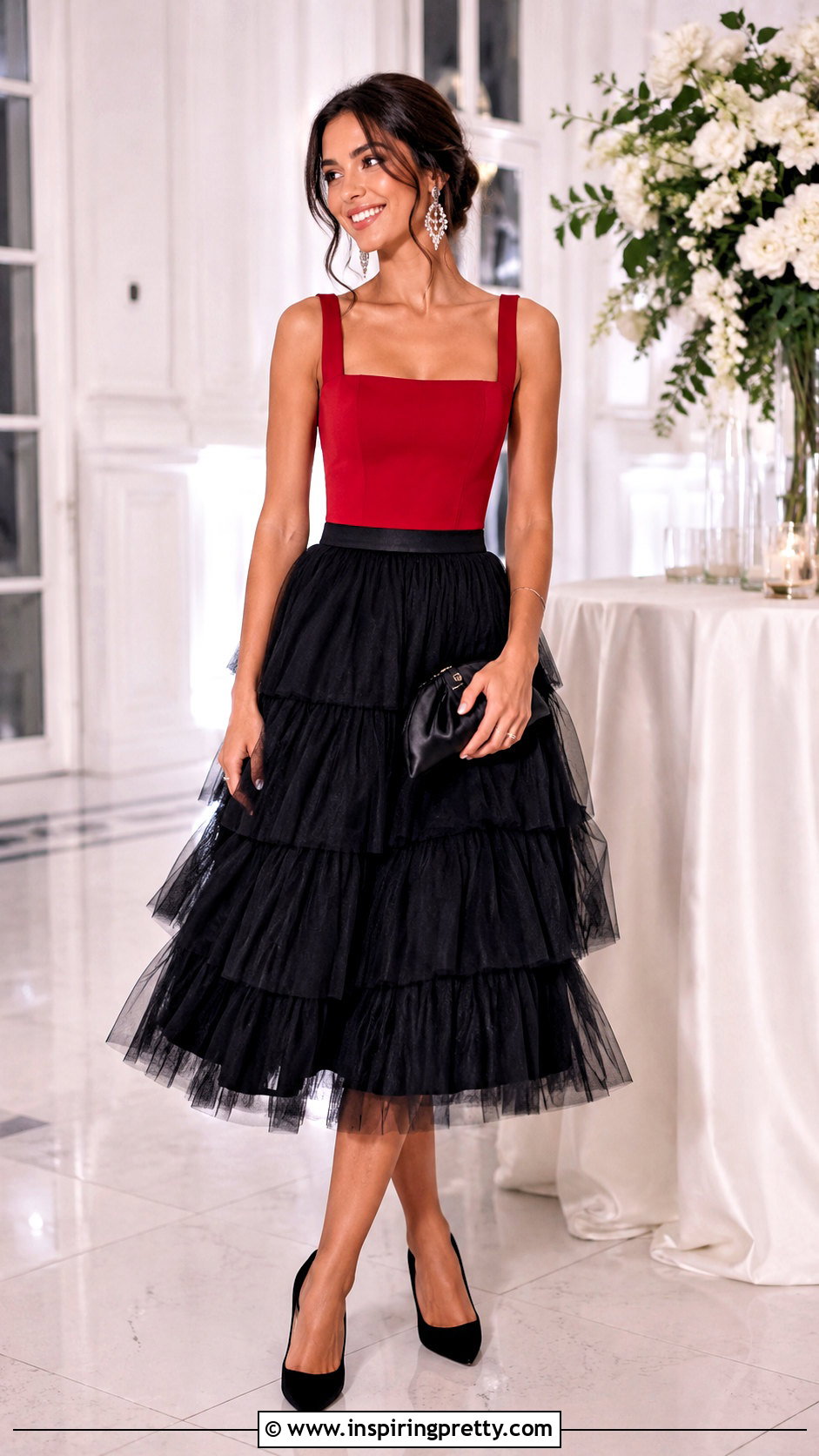 Red Structured Top With Black Tulle Midi Skirt - 50 red top outfit party ideas