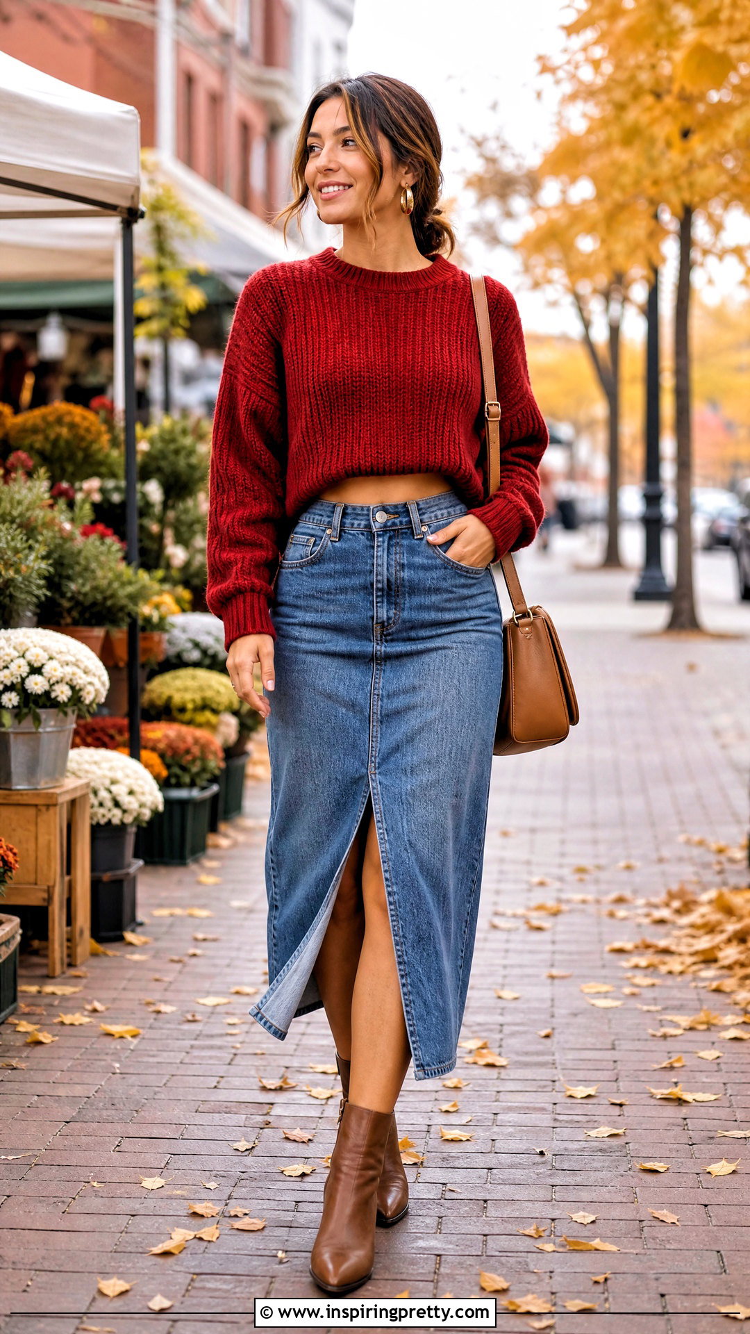 Red Sweater With Denim Midi Skirt - 50 red top outfit casual ideas