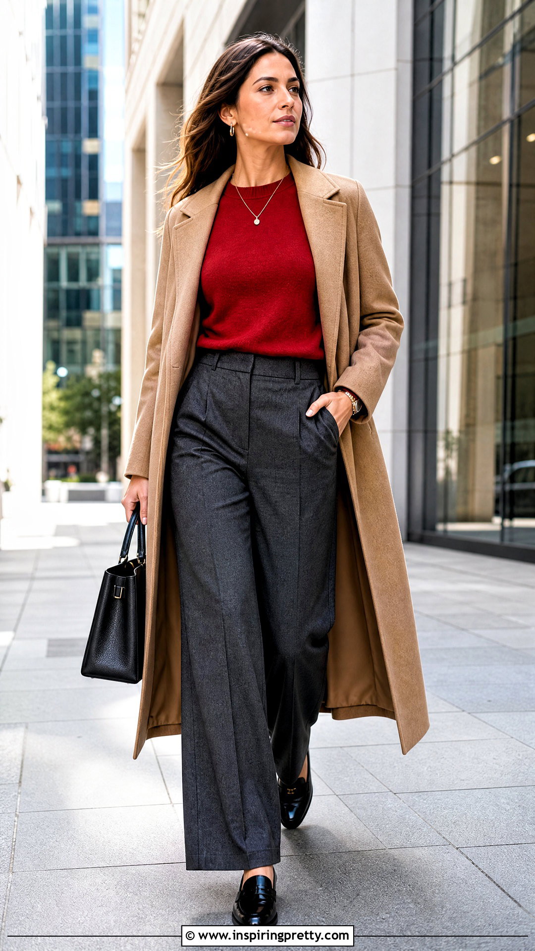 Red Sweater With Gray Trousers - 50 cute red tops outfit ideas