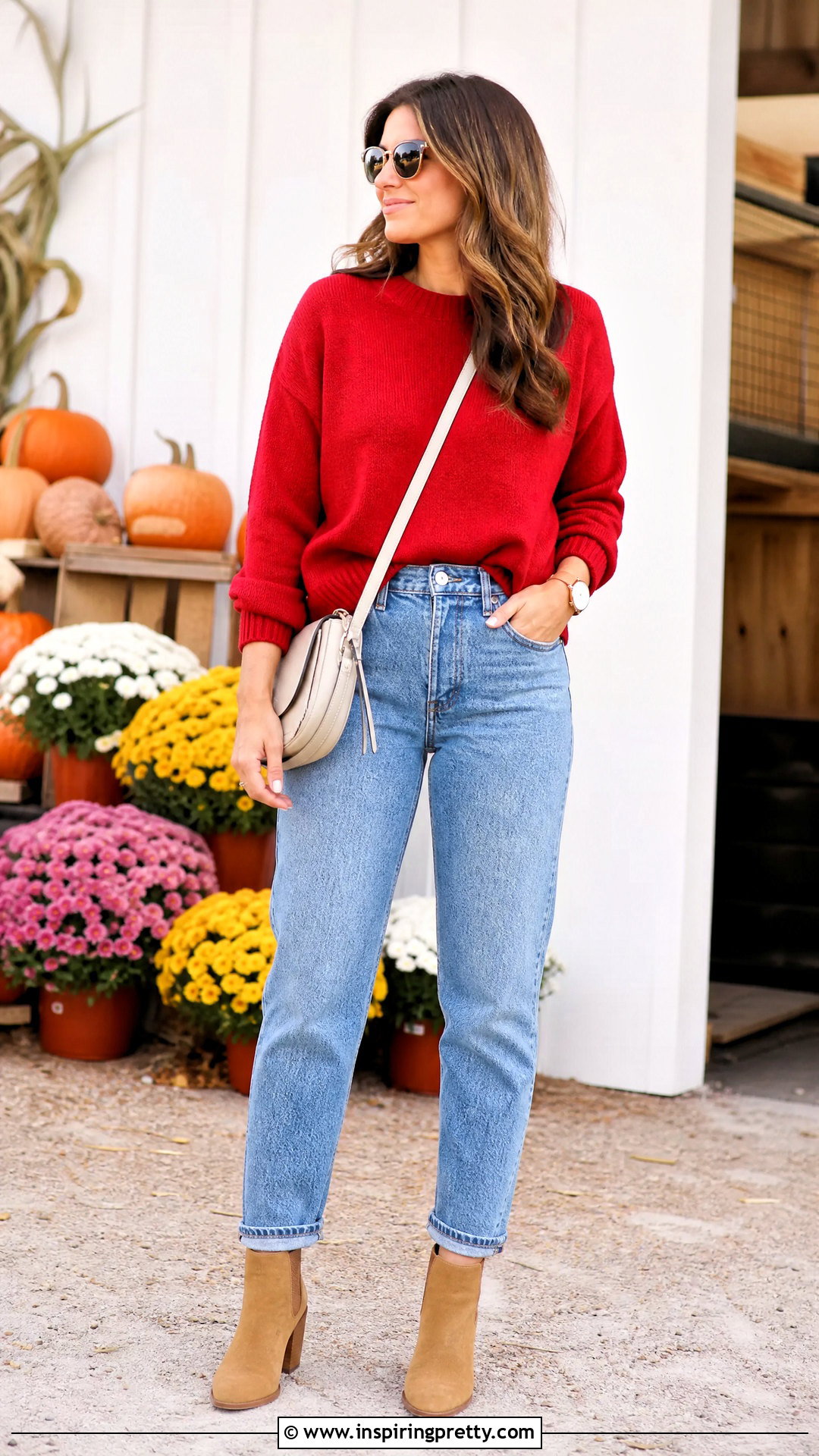 Red Sweater With Mom Jeans - 50 red top outfit casual ideas