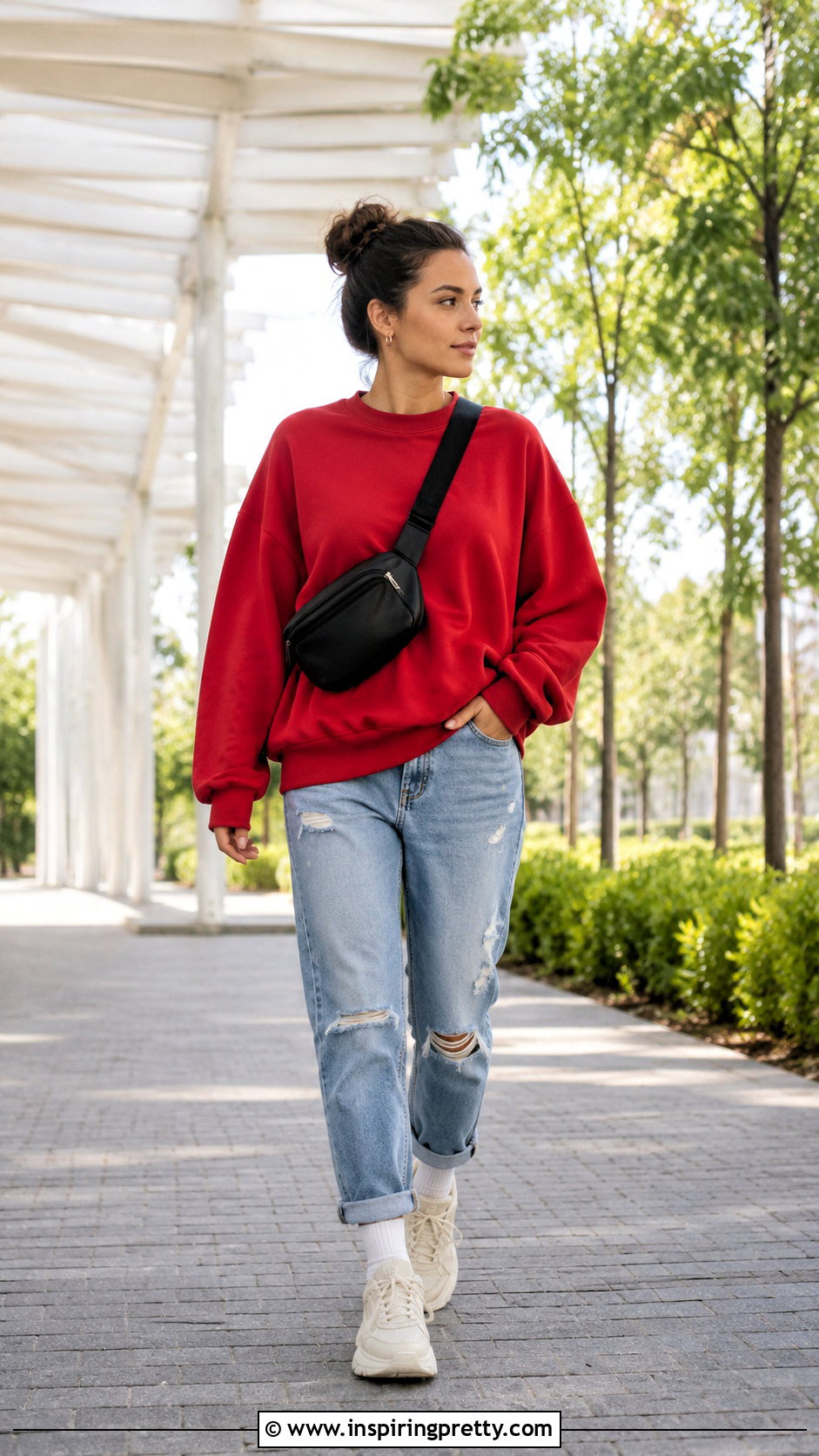 Red Sweatshirt With Distressed Jeans And Chunky Sneakers - how to wear red top with jeans (20 ways)